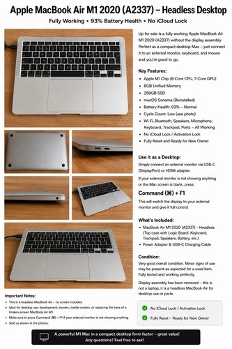 Apple MacBook Air M1 2020 A2337 Headless Desktop | Fully Working | 93% Battery