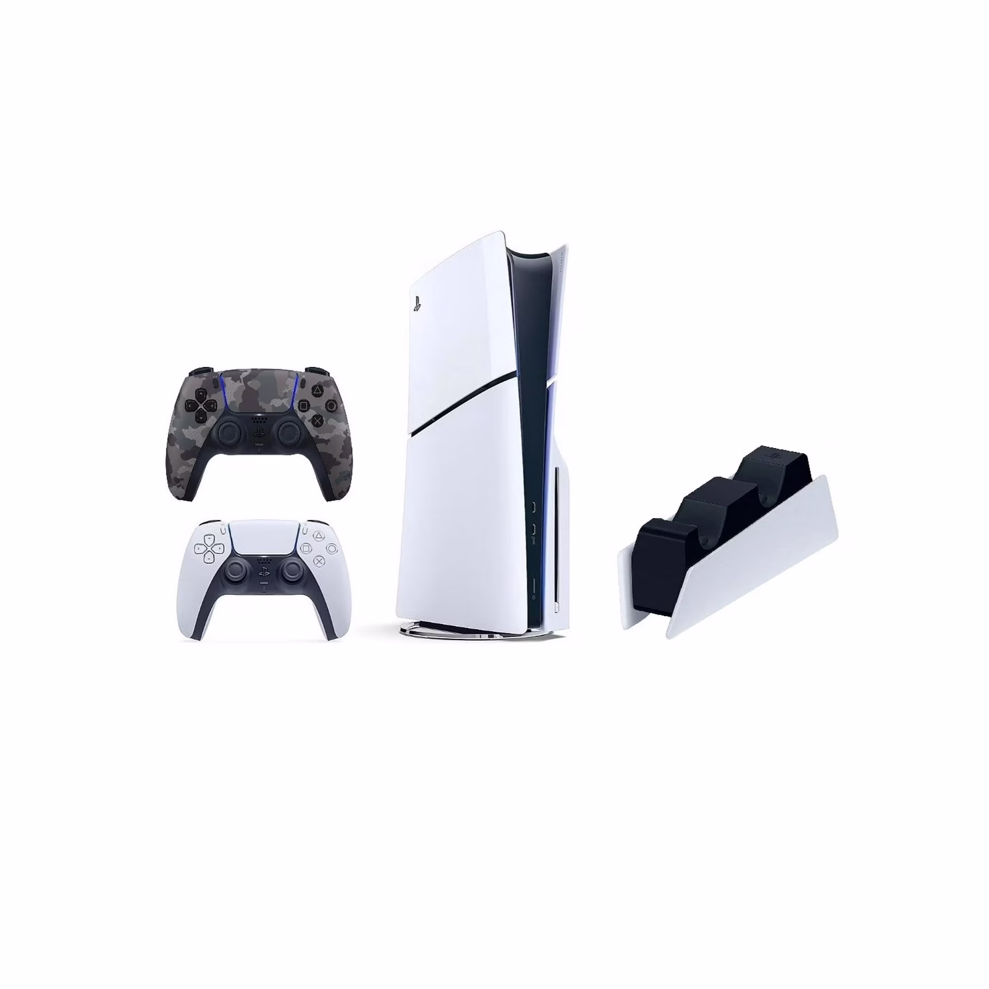 Restored Sony Playstation 5 Slim 1TB Console Bundle with White & Gray Camo Controllers and DualSense Charging Station SNY-BD-PS5SLIM