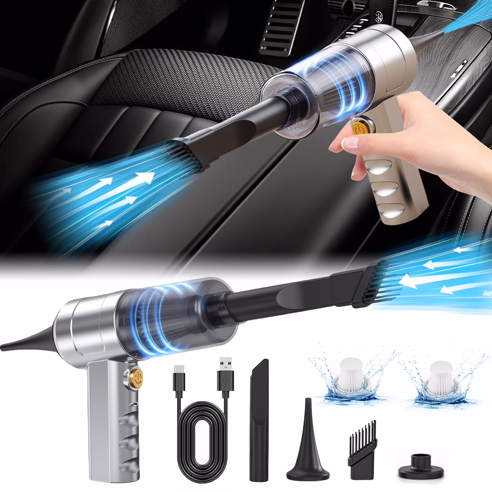 Portable Car Vacuum Cleaner - High Power 5500PA Suction, 15Ft Corded Handheld Whole Car Detailing Vacuum with Multi-nozzles and Air Blower for Wet, Dry, Pet Hair for 12v - 60 W
