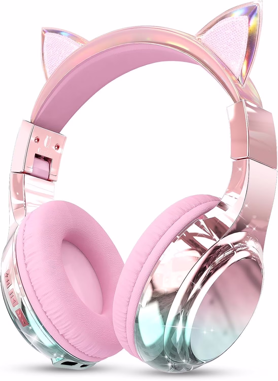 QearFun Kids Cat Ear Bluetooth Headphones, 60H Playtime, 3-Level 74/85/94dB Safe Volume Limit, Wireless Headset with Mic for Girls, Bluetooth 5.3, Foldable for School/Travel/Tablet - Pink