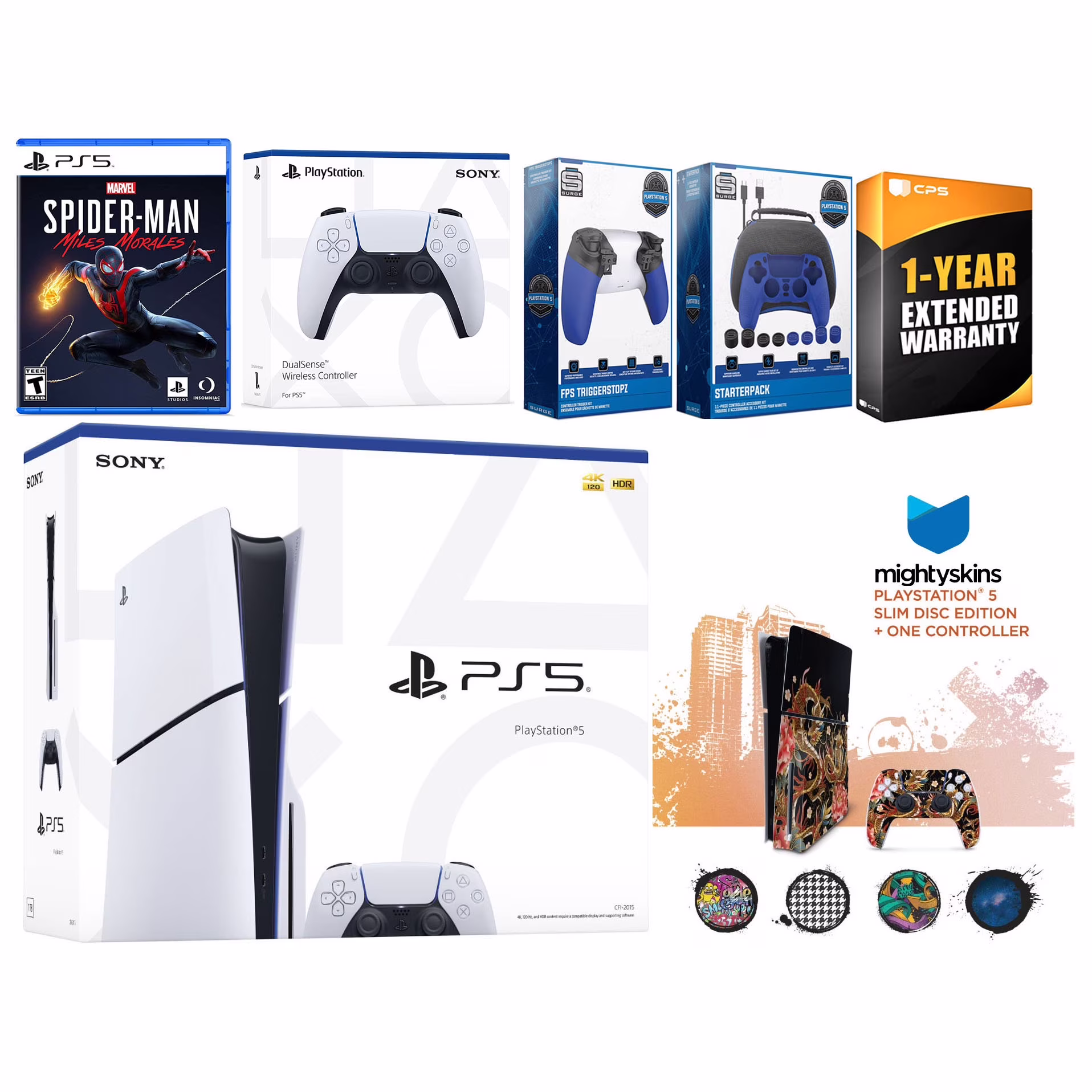 Sony Playstation 5 Slim Disc with Spider-Man: Miles Morales, Extra White Controller, Gamer Kit, Trigger Kit and MightySkins Decal Voucher + 1 Year CPS Extended Warranty
