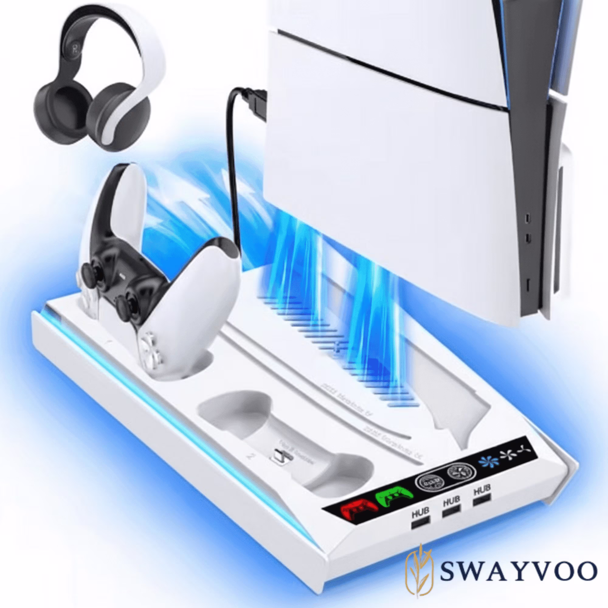 SWAYVOO PS5 Cooling Stand with Fan for PlayStation 5 Console, Controller Charging Dock, Compatible with PS5 Disc, Digital, Slim & Pro, Black