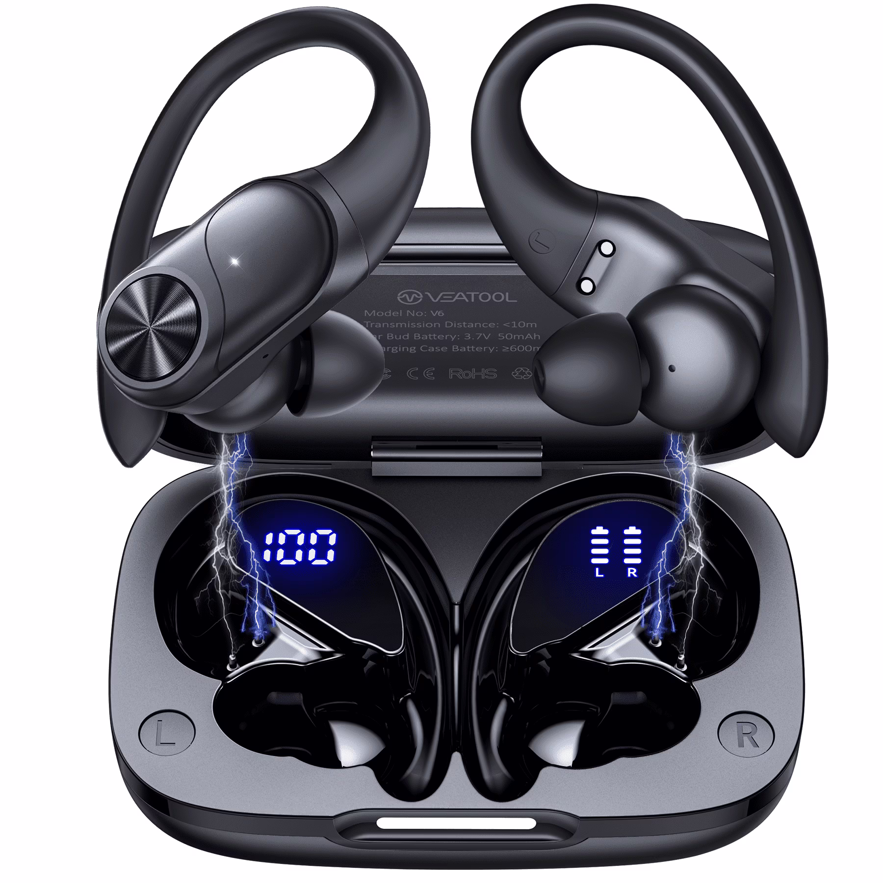 VEAT00L V6 Bluetooth Headphones Wireless Earbuds 88Hrs Playback Sport Ear Buds with Earhook Digital Display Charging Case IPX7 Waterproof Earbud Deep Bass Running Earphones for iOS Android Cellphone