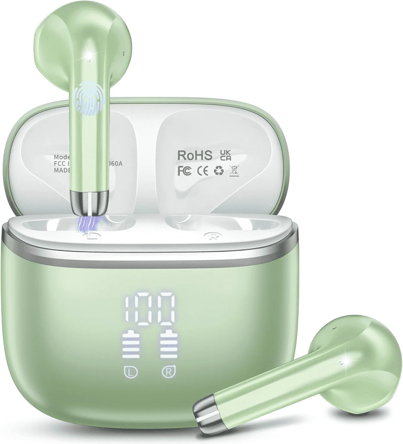 Wireless Bluetooth Earbuds Noise Cancelling in Ear Buds Deep Bass Stereo, 50H Playtime with Mics, LED Display, IPX7 Waterproof Earphones for iphone Android Laptop, Green