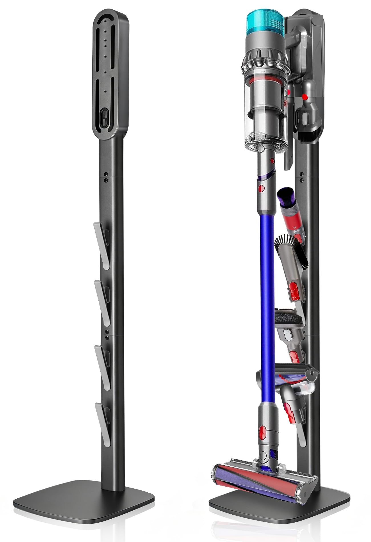 Vacuum Stand for Dyson V16 Gen5 V15 V12 V11 V10 V8 V7 V6 – Stable Metal Holder w/Hidden Cord Management & 4 Hooks, Storage Rack for Dyson Cordless Vacuum & Accessories, Easy Assembly, Dark Gray