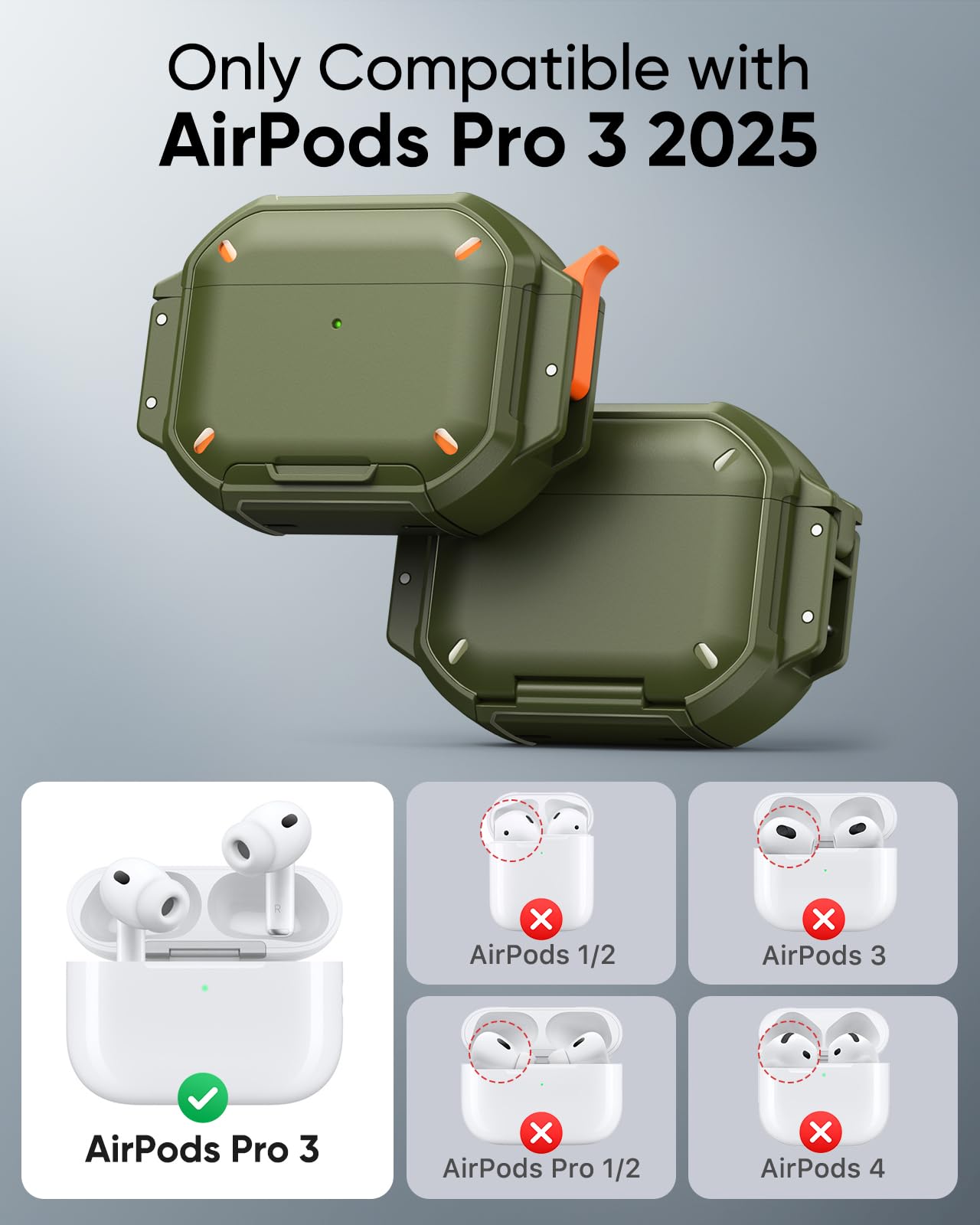 MoKo for AirPods Pro 3 Case with Secure Lock - IP68 Waterproof Case for iPods Pro 3, Military-Grade Protective Cover Earpods Pro 3 with Keychain, Phone Stand & Cleaner Kit, Green thumbnail 3