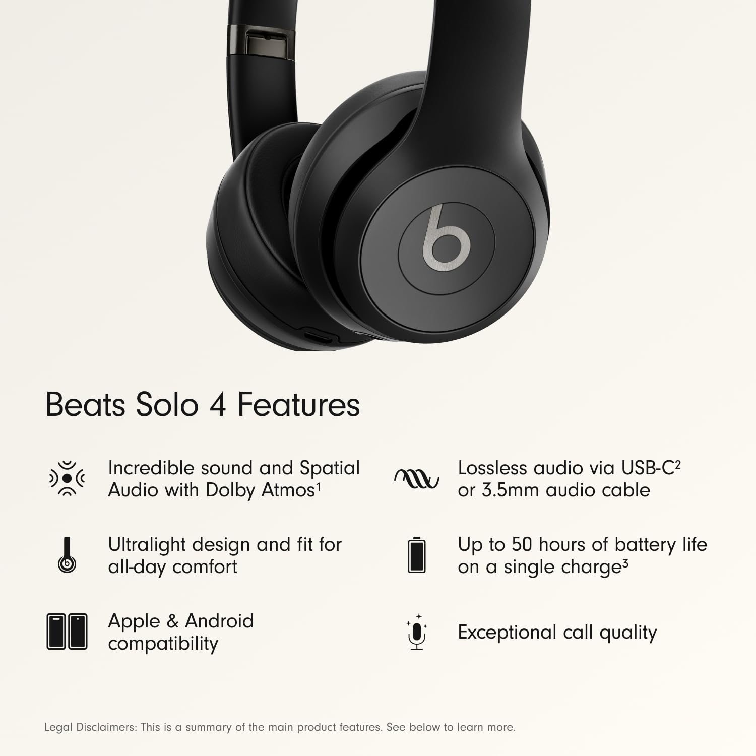 Beats Solo 4 - Wireless On-Ear Bluetooth Headphones, Up to 50-Hour Battery Life, Ultra-Lightweight Comfort, Powerful and Balanced Sound, Apple & Android Compatible - Matte Black thumbnail 3