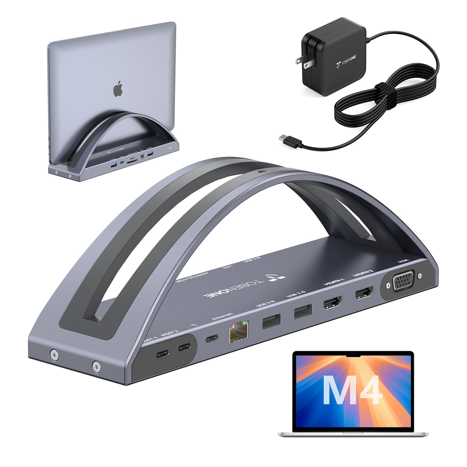 MacBook Docking Station Dual 4K Monitor for M1-M5 Pro/Max, 13-in-2 USB C Docking Station with 100W Power Adapter, Laptop Dock Stand with 2 HDMI, VGA, 5 USB, PD 3.0, RJ45, SD/Micro SD, Audio