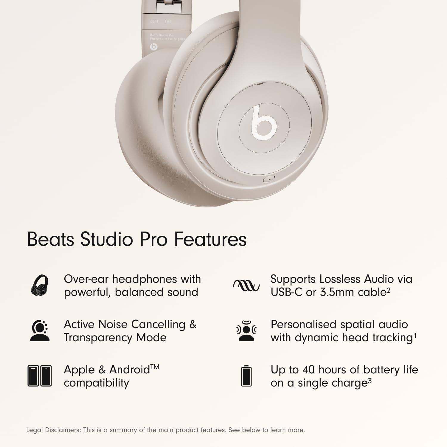Beats Studio Pro Premium Wireless Over-Ear Headphones- Up to 40-Hour Battery Life, Active Noise Cancelling, Great for Travel & Commuting, USB-C Lossless Audio, Apple & Android Compatible - Sandstone thumbnail 3