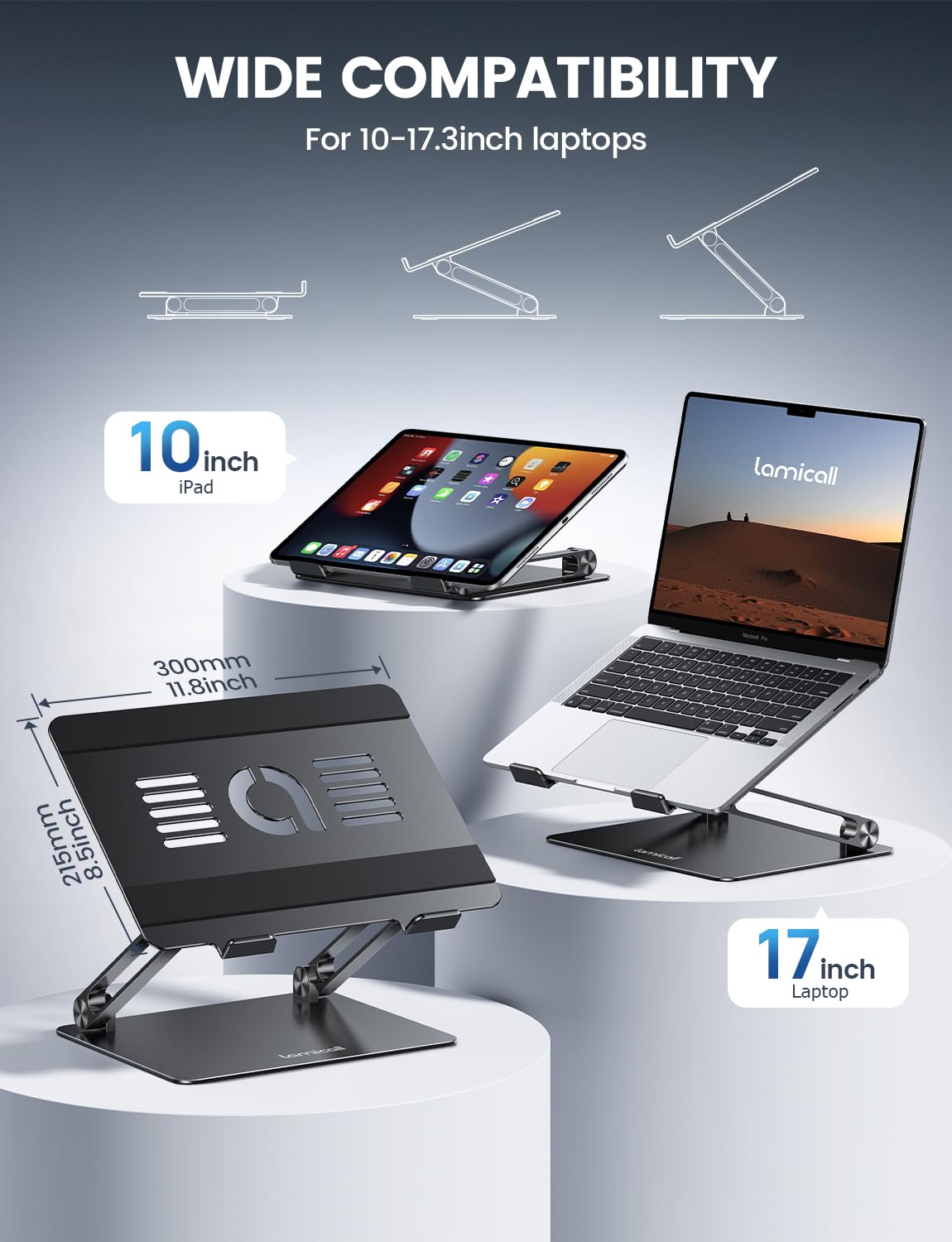 Adjustable Laptop Stand, Portable Laptop Riser, Aluminum Laptop Stand for Desk Foldable, Ergonomic Computer Notebook Stand Holder for MacBook Air Pro, Dell XPS, HP (10-17.3'') - Black thumbnail 3