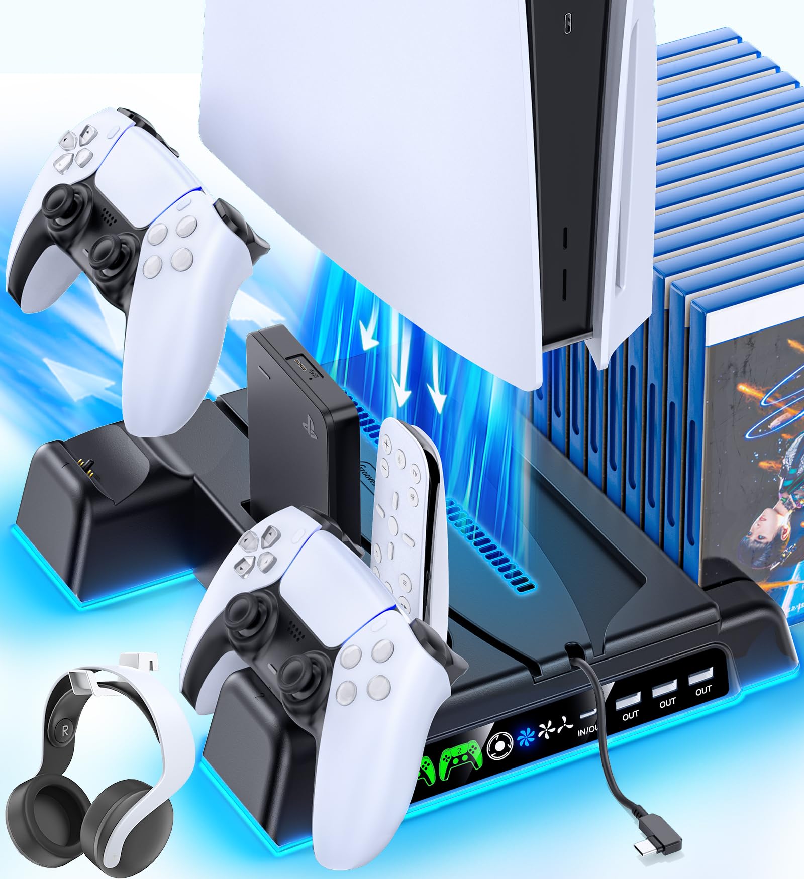 PS5/ Slim/Pro Stand for Disc & Digital Console, PS 5 Cooling Station with Dual Controller Charging Station for PlayStation 5 Console, 3-Level Fan PS5 Controller Charger Accessories Stand-Black