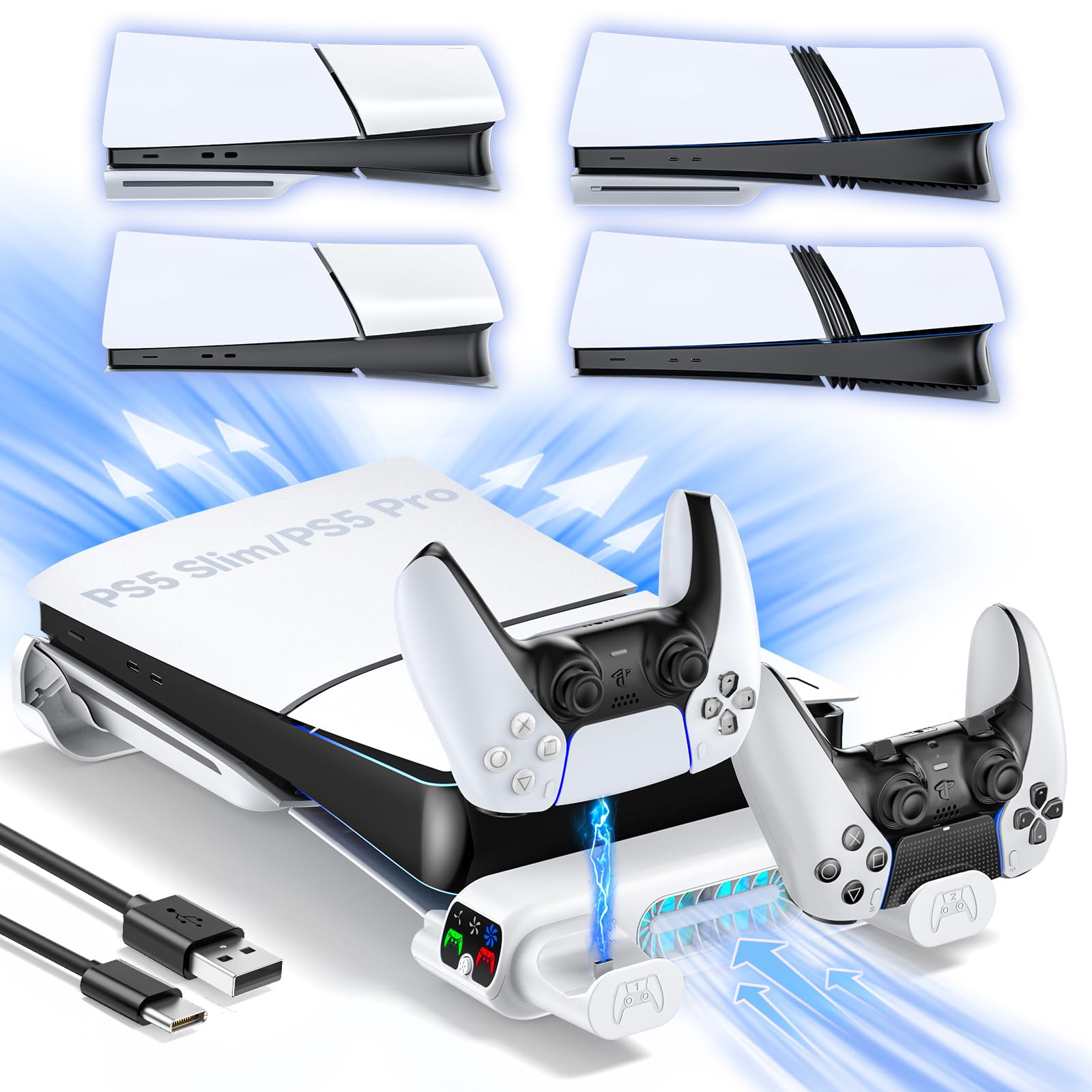Tokluck PS5 Slim/Pro Horizontal Cooling Stand for Disc & Digital, Dual Controller Charger with 3-Level Cooling Fan, PS5 Stand for Pro & Slim Console (NOT Fit 2020 Regular Version), Sony PSP Consoles