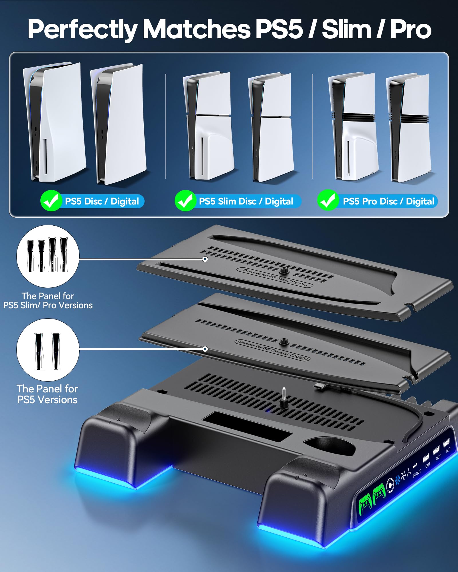 PS5/ Slim/Pro Stand for Disc & Digital Console, PS 5 Cooling Station with Dual Controller Charging Station for PlayStation 5 Console, 3-Level Fan PS5 Controller Charger Accessories Stand-Black thumbnail 3
