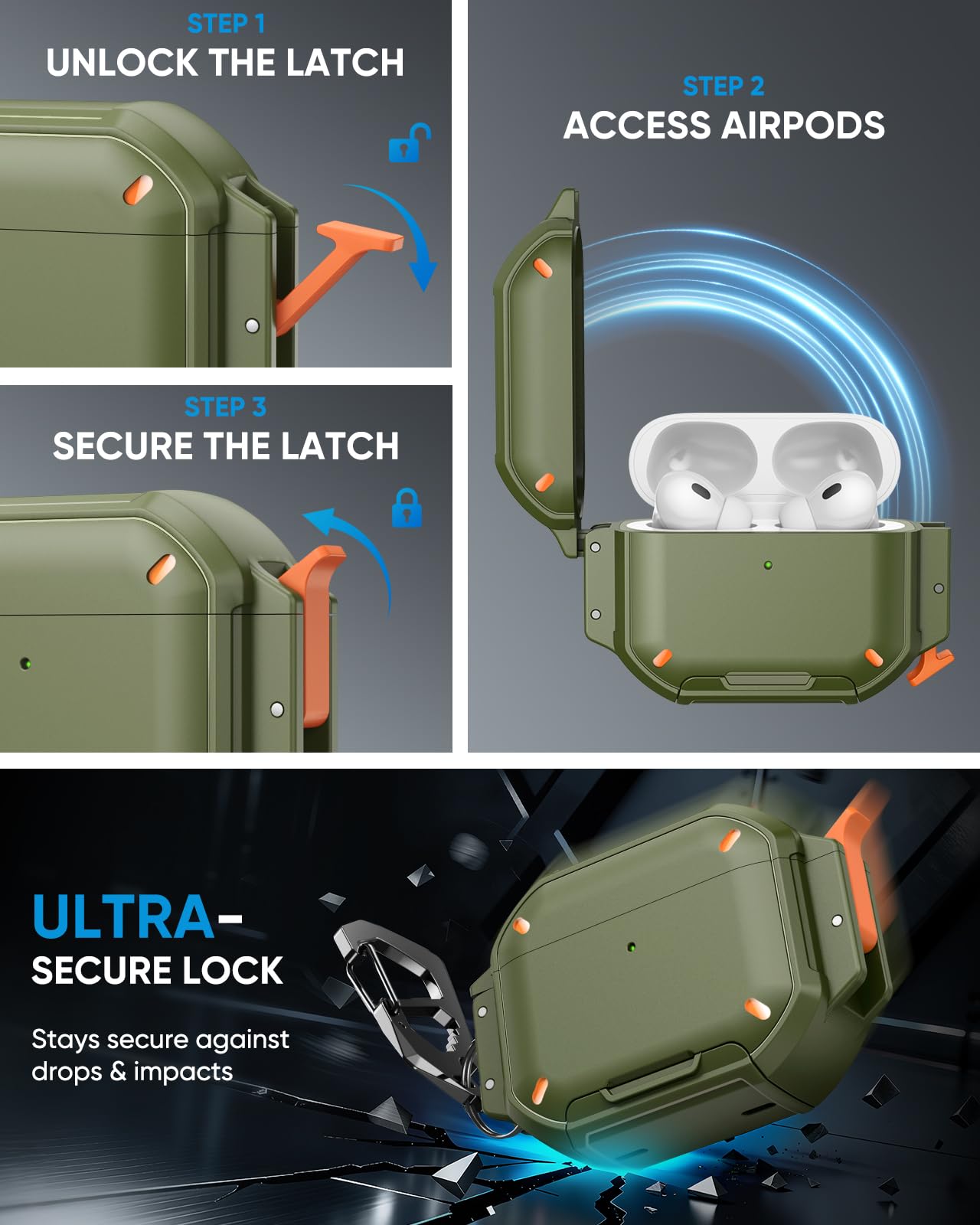 MoKo for AirPods Pro 3 Case with Secure Lock - IP68 Waterproof Case for iPods Pro 3, Military-Grade Protective Cover Earpods Pro 3 with Keychain, Phone Stand & Cleaner Kit, Green thumbnail 7