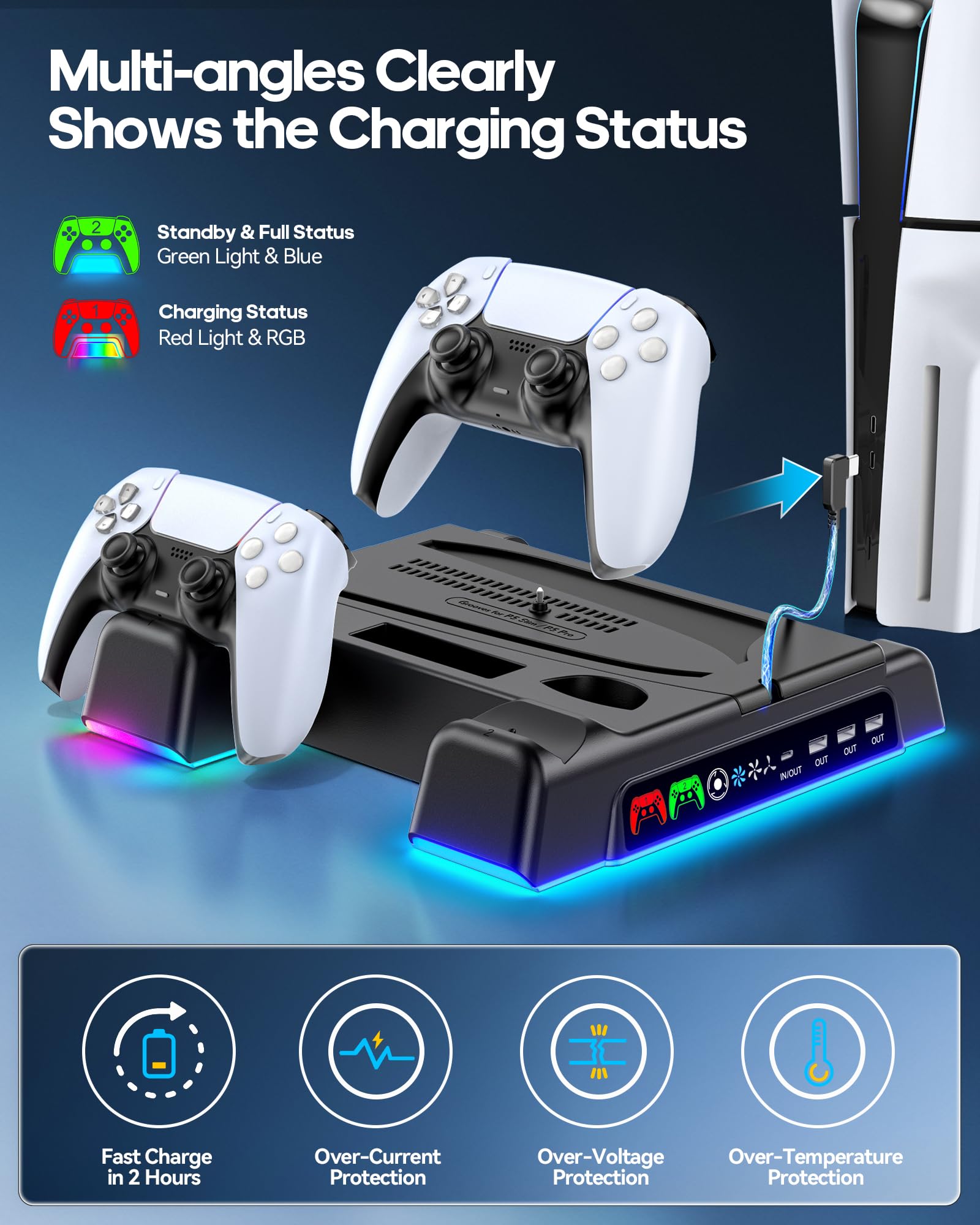 PS5/ Slim/Pro Stand for Disc & Digital Console, PS 5 Cooling Station with Dual Controller Charging Station for PlayStation 5 Console, 3-Level Fan PS5 Controller Charger Accessories Stand-Black thumbnail 5