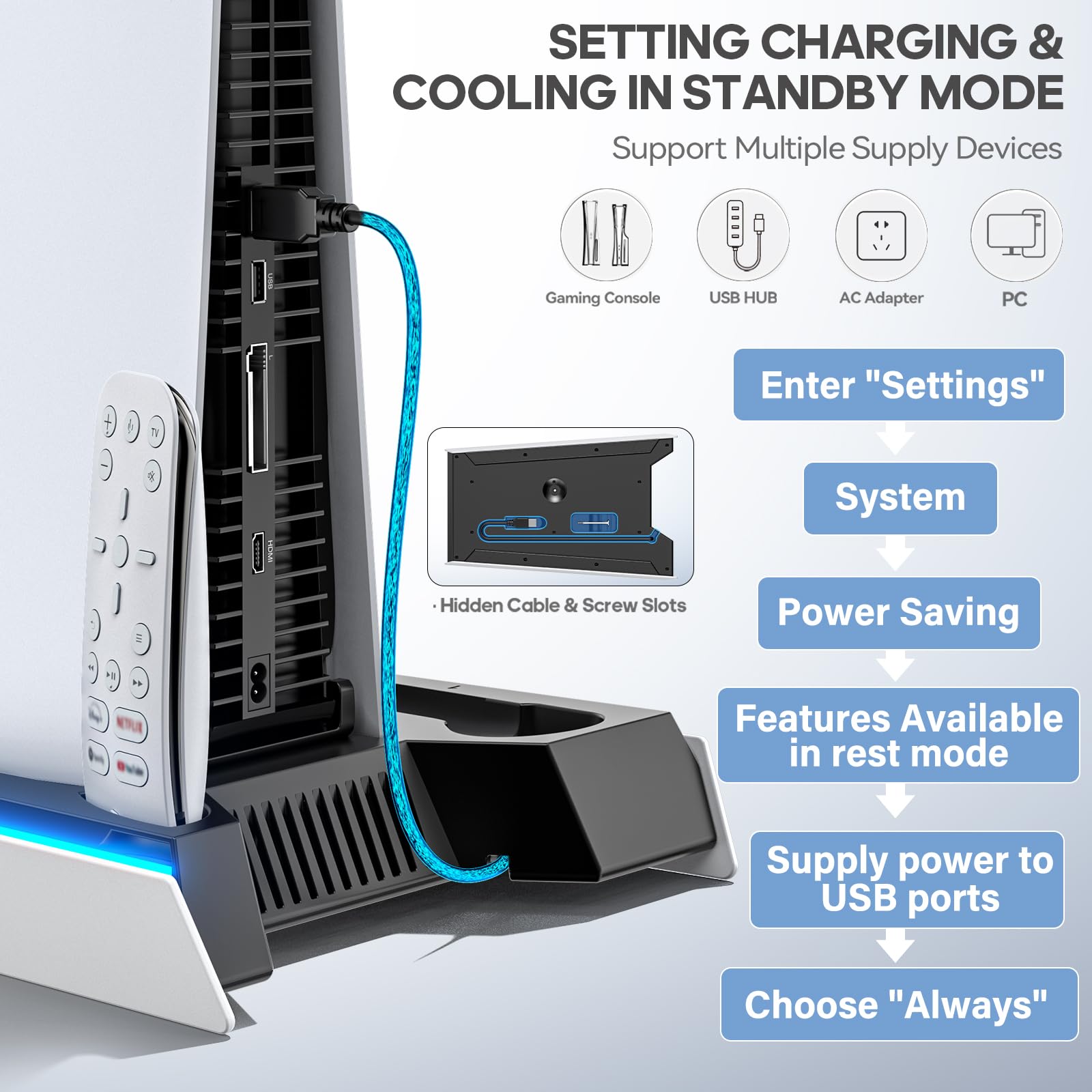 PS5/Slim/Pro Stand for Disc & Digital Console, PS5 Cooling & Charging Station with RGB Lights, PS5 Controller Charger Built-in 3 Level & AUTO Adjustable Fan, Accessories for PlayStation 5 Cases thumbnail 11