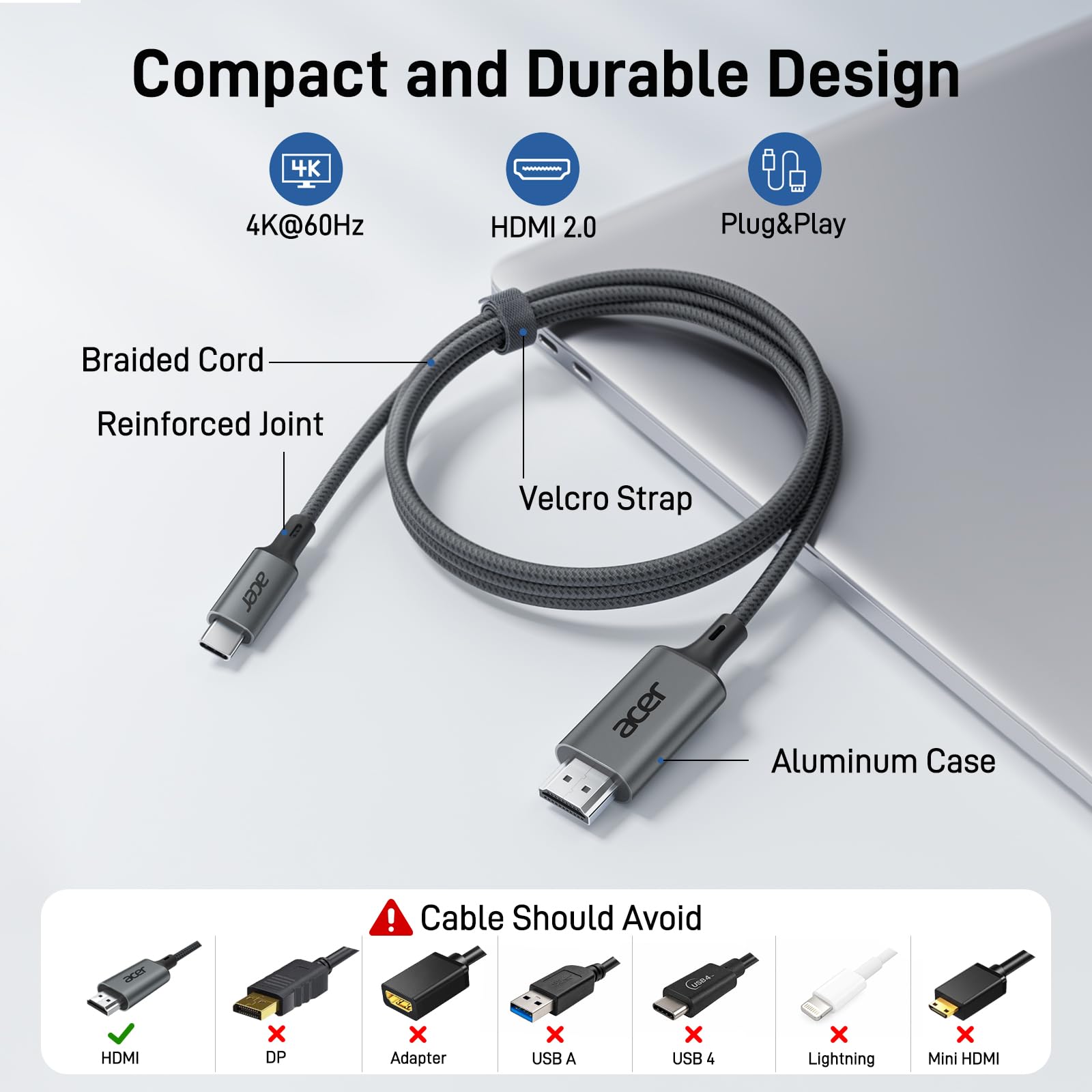 Acer USB C to HDMI Cable for Home Office 6.6FT (4K@60Hz), Thunderbolt 4/3 Compatible, High-Speed Type C to HDMI 2.0 Braided Cord for MacBook Neo, iPhone 17/16 Pro/Max, iPad Pro, Galaxy S25, Surface thumbnail 7