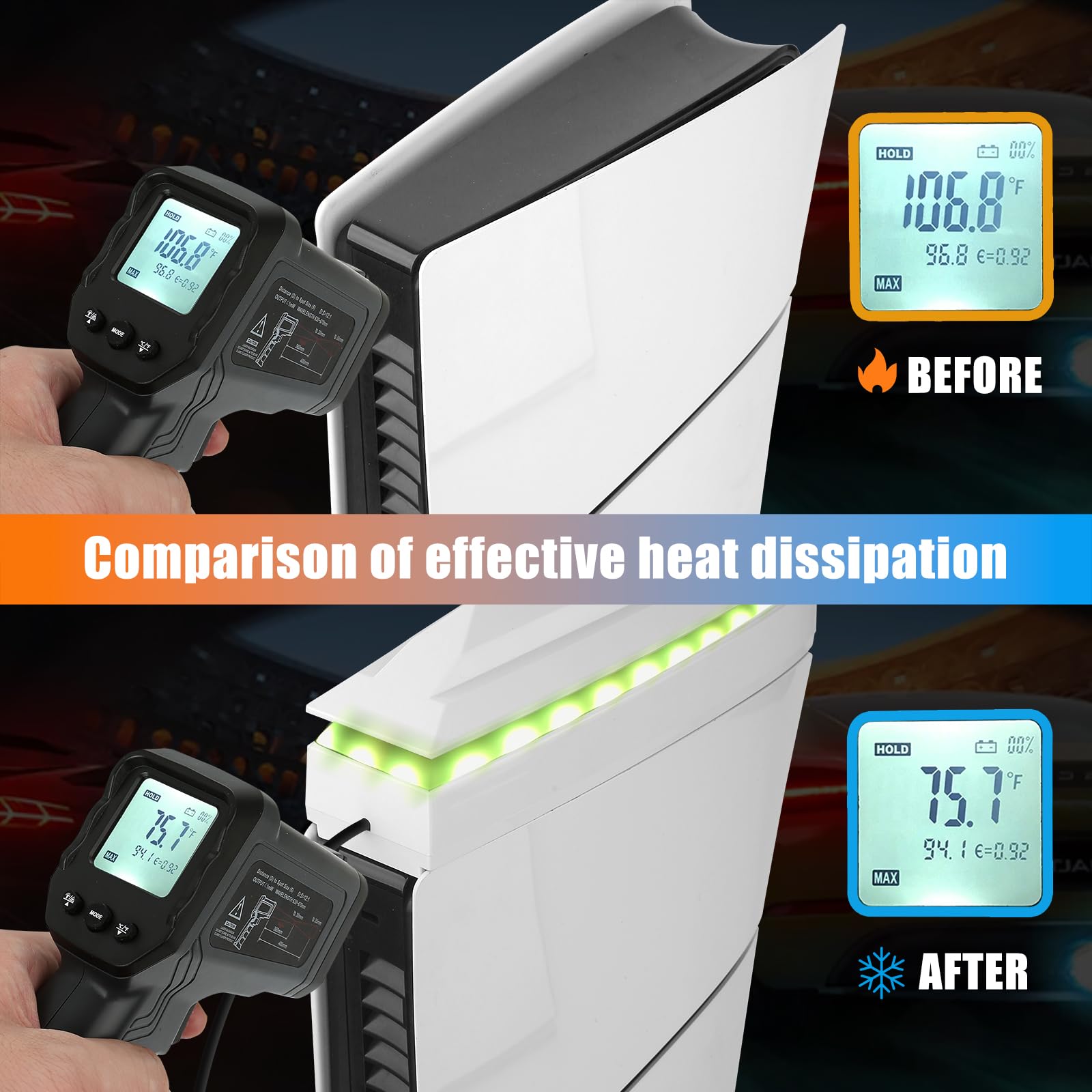 Raryars Console Cooling Fan for PS5 Slim with Dust Cover Colorful LED Light for PS5 Slim Console Disc Edition & Digital Edition Silent Absorb Fan Cooler with 2 USB Port Playstation 5 Slim Cooling System thumbnail 7