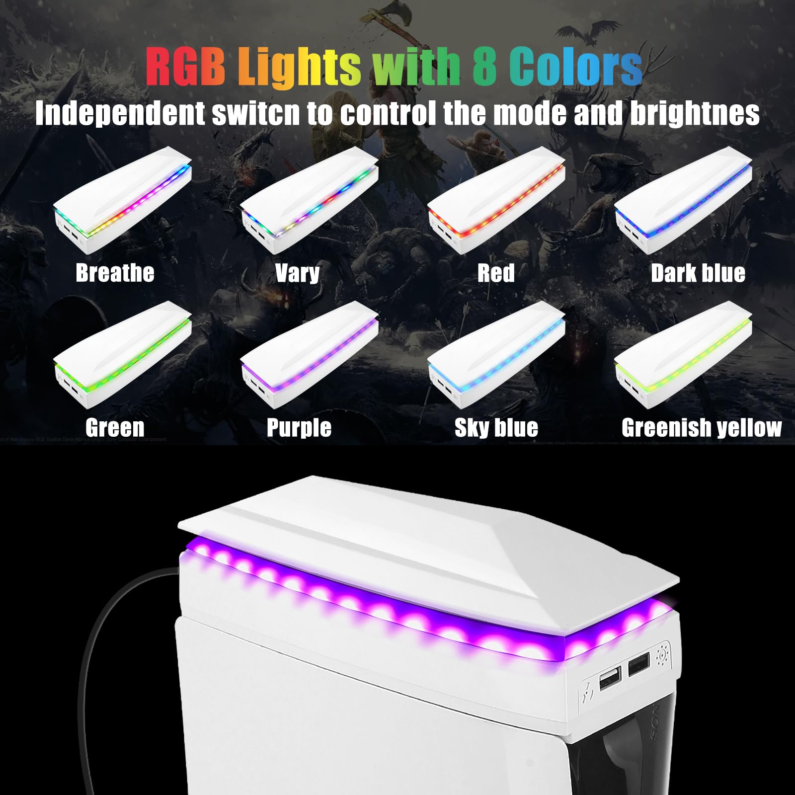 Raryars Console Cooling Fan for PS5 Slim with Dust Cover Colorful LED Light for PS5 Slim Console Disc Edition & Digital Edition Silent Absorb Fan Cooler with 2 USB Port Playstation 5 Slim Cooling System thumbnail 5