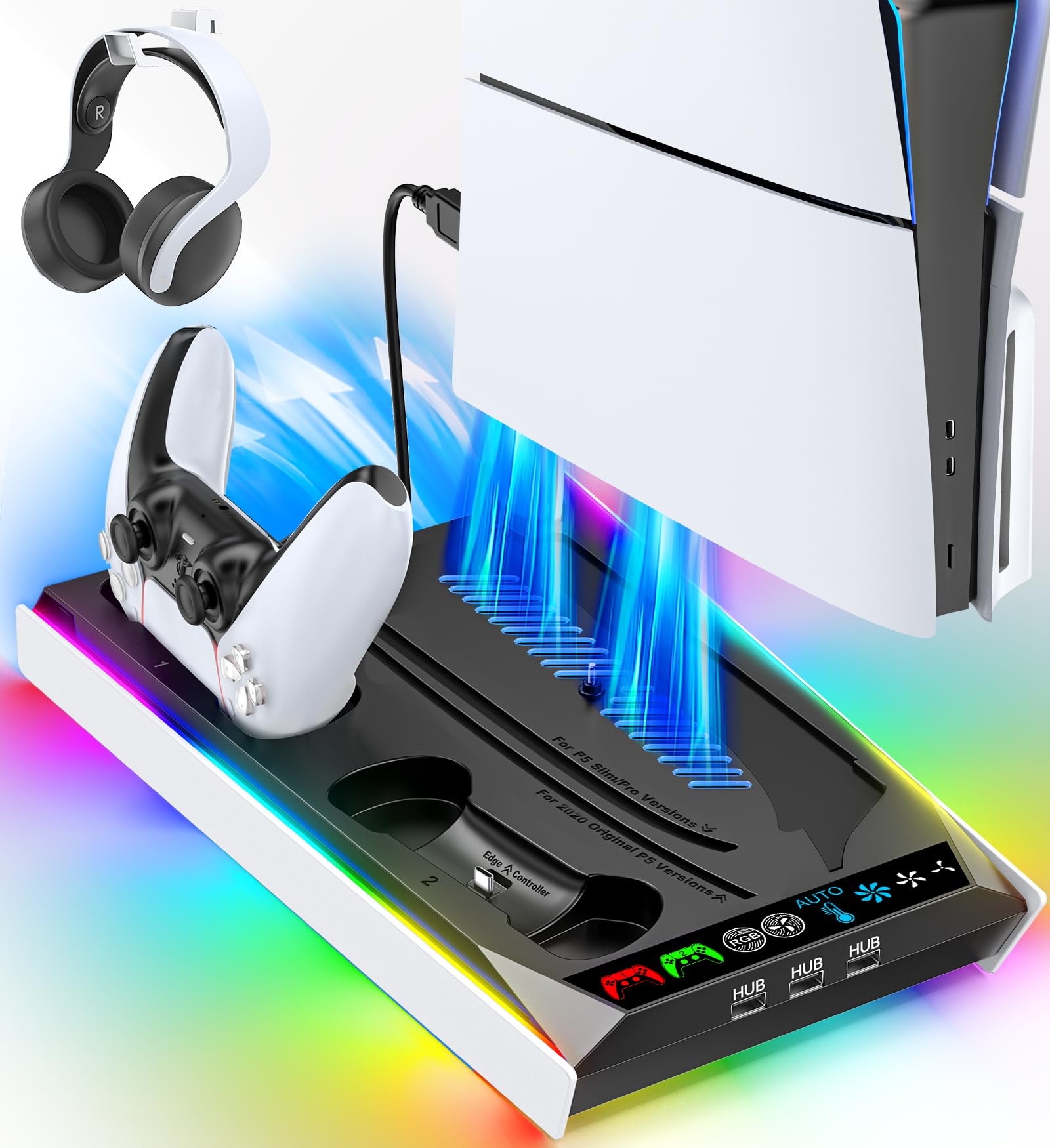 PS5/Slim/Pro Stand for Disc & Digital Console, PS5 Cooling & Charging Station with RGB Lights, PS5 Controller Charger Built-in 3 Level & AUTO Adjustable Fan, Accessories for PlayStation 5 Cases