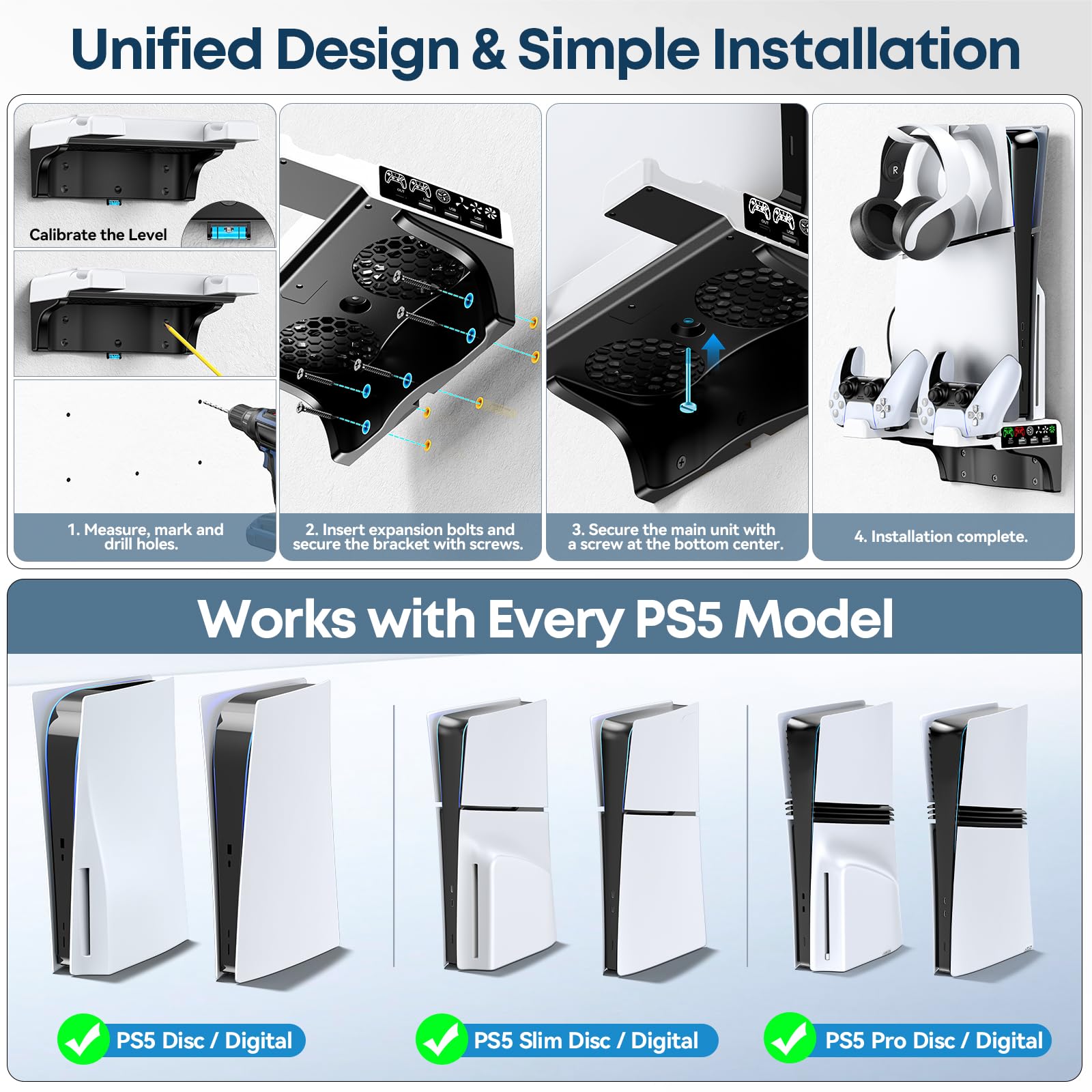 PS5/Slim/Pro Wall Mount Kit with Cooling Fan & Charging Station, PS5 Shelf Floating Mount for All PlayStation 5/Slim/Pro Disc & Digital Console, PS 5 Wall Bracket Behind TV, PS Five Pro Accessories thumbnail 3