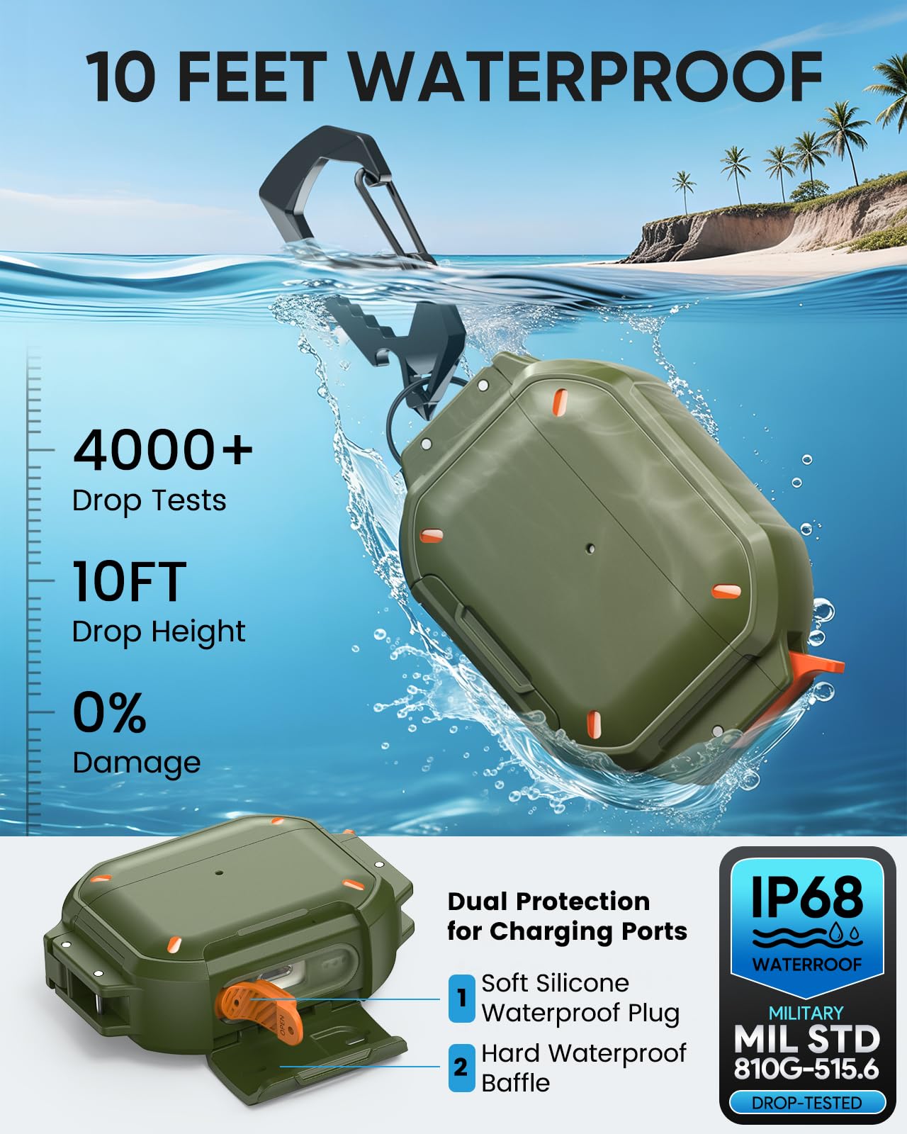 MoKo for AirPods Pro 3 Case with Secure Lock - IP68 Waterproof Case for iPods Pro 3, Military-Grade Protective Cover Earpods Pro 3 with Keychain, Phone Stand & Cleaner Kit, Green thumbnail 5