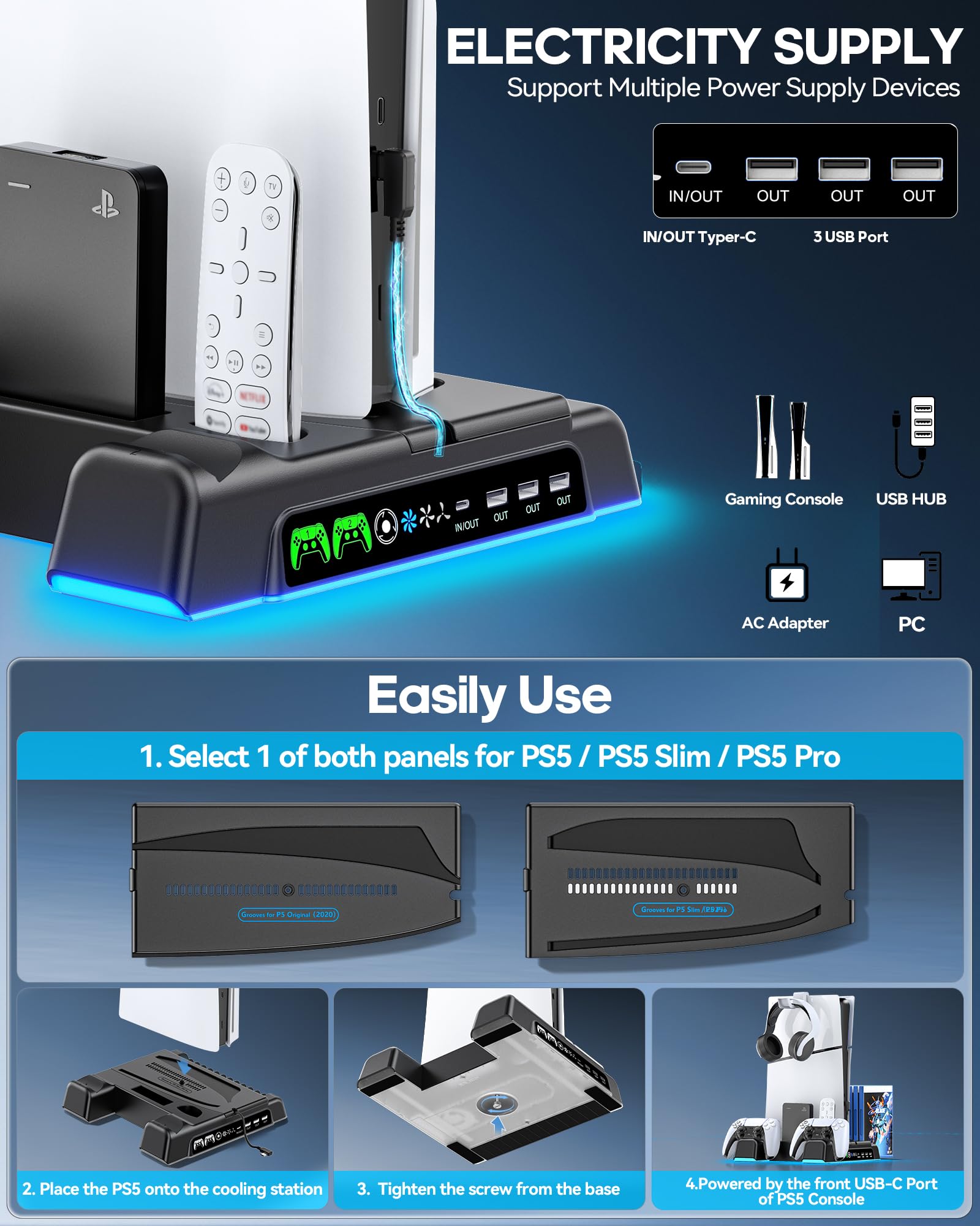 PS5/ Slim/Pro Stand for Disc & Digital Console, PS 5 Cooling Station with Dual Controller Charging Station for PlayStation 5 Console, 3-Level Fan PS5 Controller Charger Accessories Stand-Black thumbnail 9