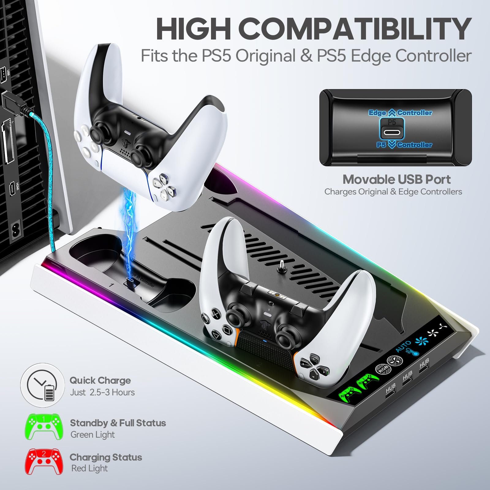 PS5/Slim/Pro Stand for Disc & Digital Console, PS5 Cooling & Charging Station with RGB Lights, PS5 Controller Charger Built-in 3 Level & AUTO Adjustable Fan, Accessories for PlayStation 5 Cases thumbnail 7