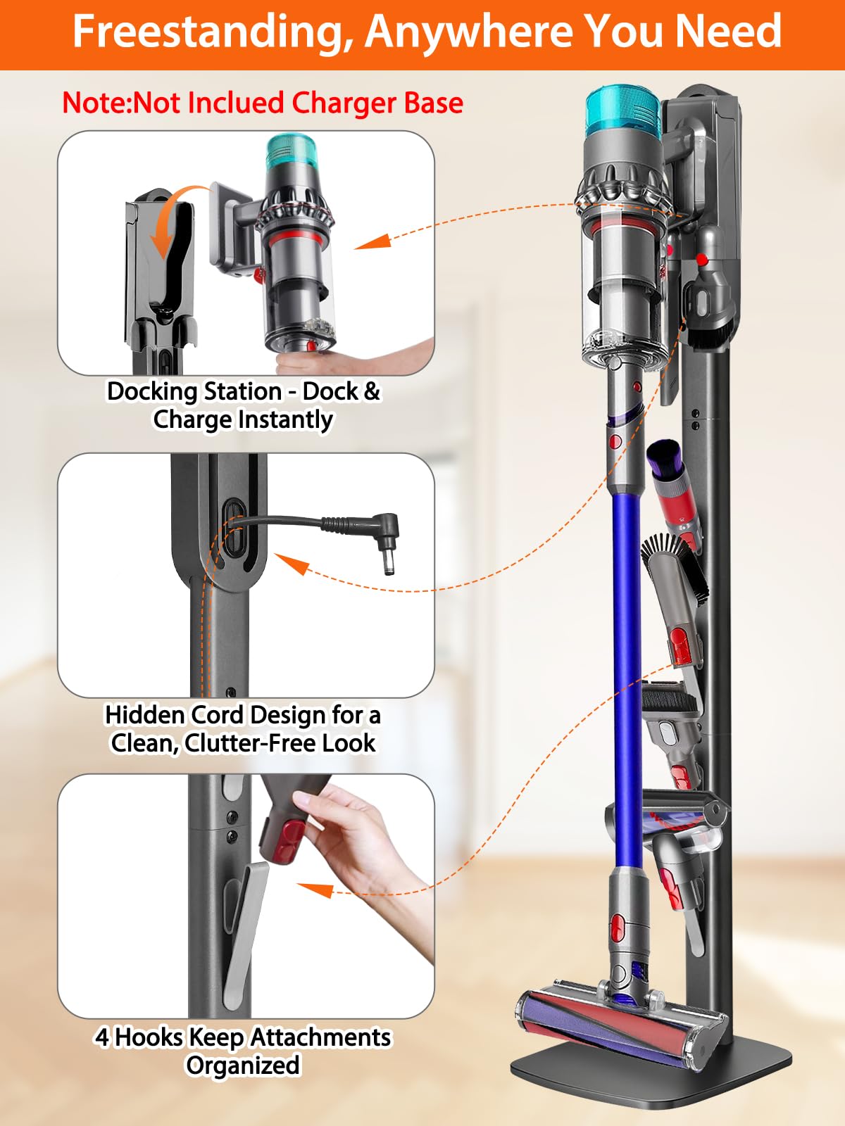 Vacuum Stand for Dyson V16 Gen5 V15 V12 V11 V10 V8 V7 V6 – Stable Metal Holder w/Hidden Cord Management & 4 Hooks, Storage Rack for Dyson Cordless Vacuum & Accessories, Easy Assembly, Dark Gray thumbnail 5