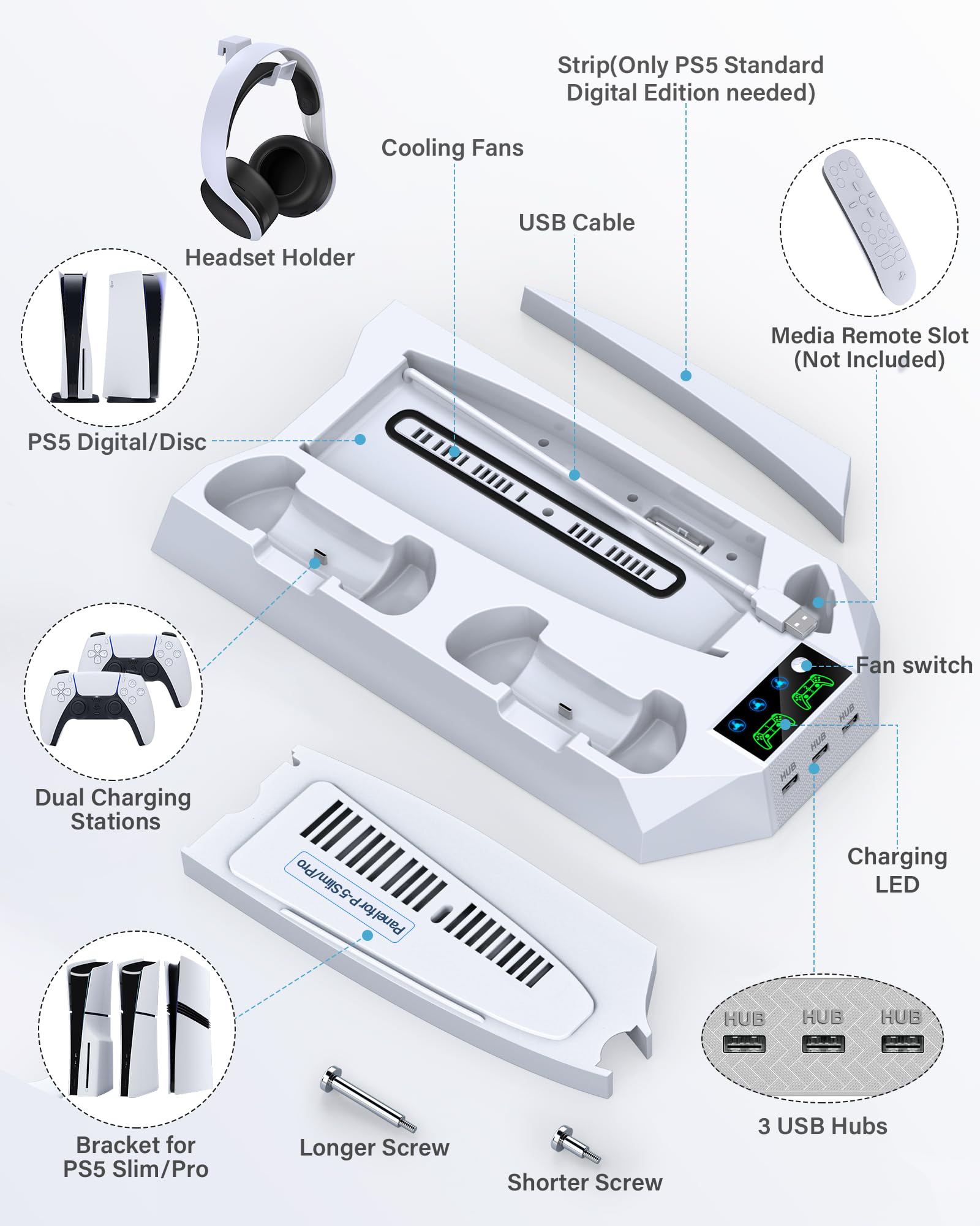 PS5/PS5 Slim/PS5 Pro Stand and Cooling Station with Dual Controller Charging Station for PlayStation 5 Console, PS5 Accessories Incl. Controller Charger, Cooling Fan, Headset Holder, 3 USB Hub, White thumbnail 13