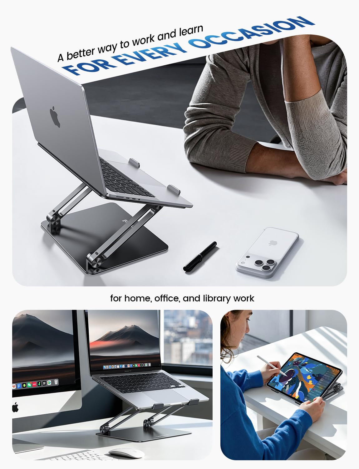 Adjustable Laptop Stand, Portable Laptop Riser, Aluminum Laptop Stand for Desk Foldable, Ergonomic Computer Notebook Stand Holder for MacBook Air Pro, Dell XPS, HP (10-17.3'') - Black thumbnail 9