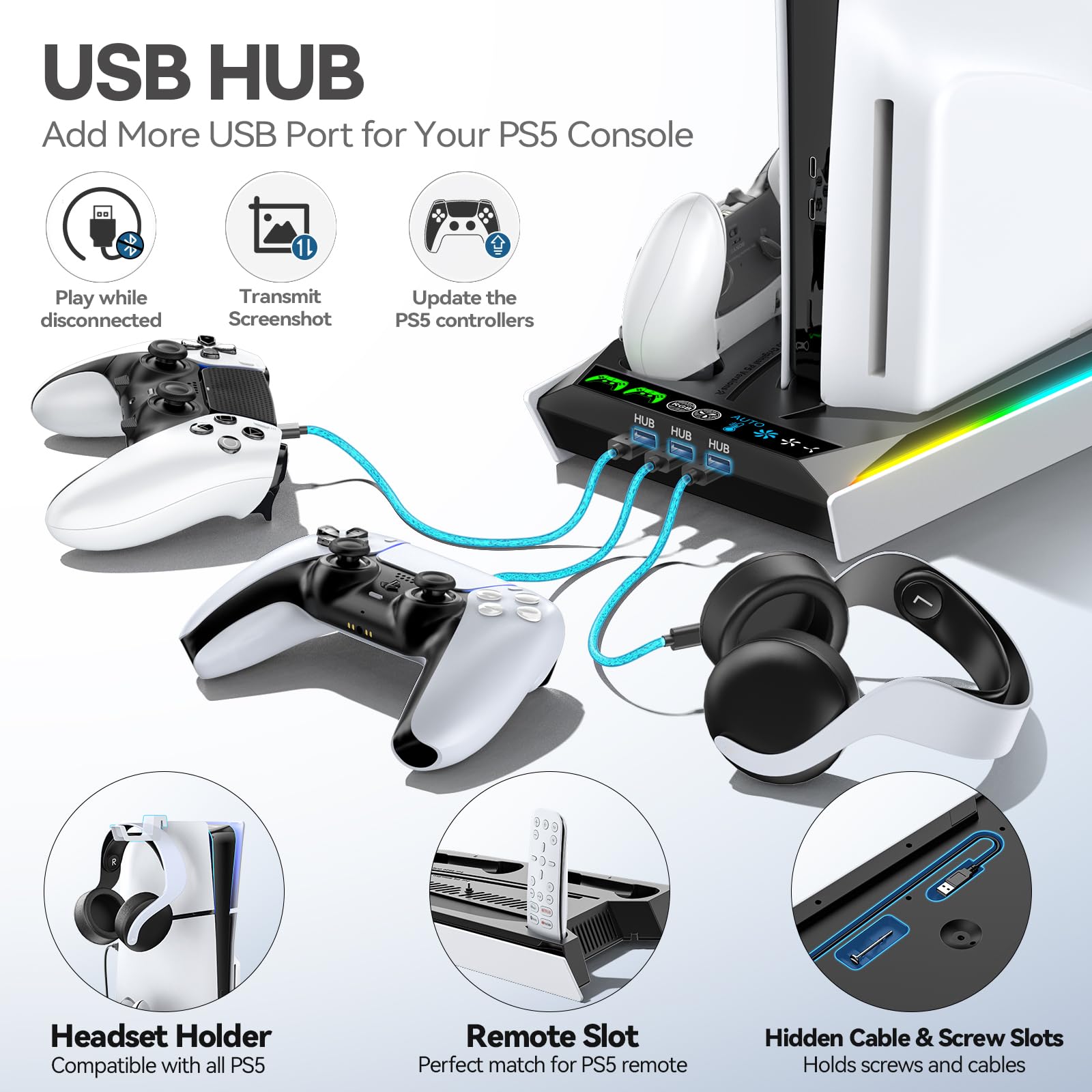 PS5/Slim/Pro Stand for Disc & Digital Console, PS5 Cooling & Charging Station with RGB Lights, PS5 Controller Charger Built-in 3 Level & AUTO Adjustable Fan, Accessories for PlayStation 5 Cases thumbnail 9