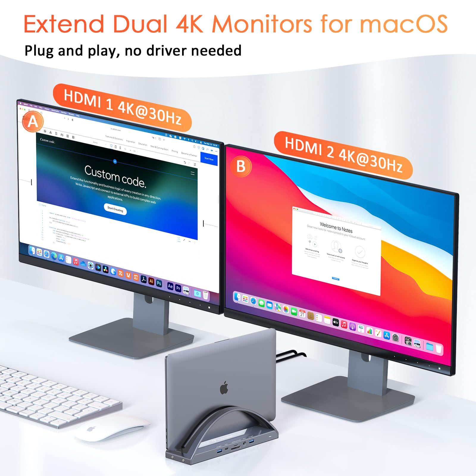 MacBook Docking Station Dual 4K Monitor for M1-M5 Pro/Max, 13-in-2 USB C Docking Station with 100W Power Adapter, Laptop Dock Stand with 2 HDMI, VGA, 5 USB, PD 3.0, RJ45, SD/Micro SD, Audio thumbnail 5