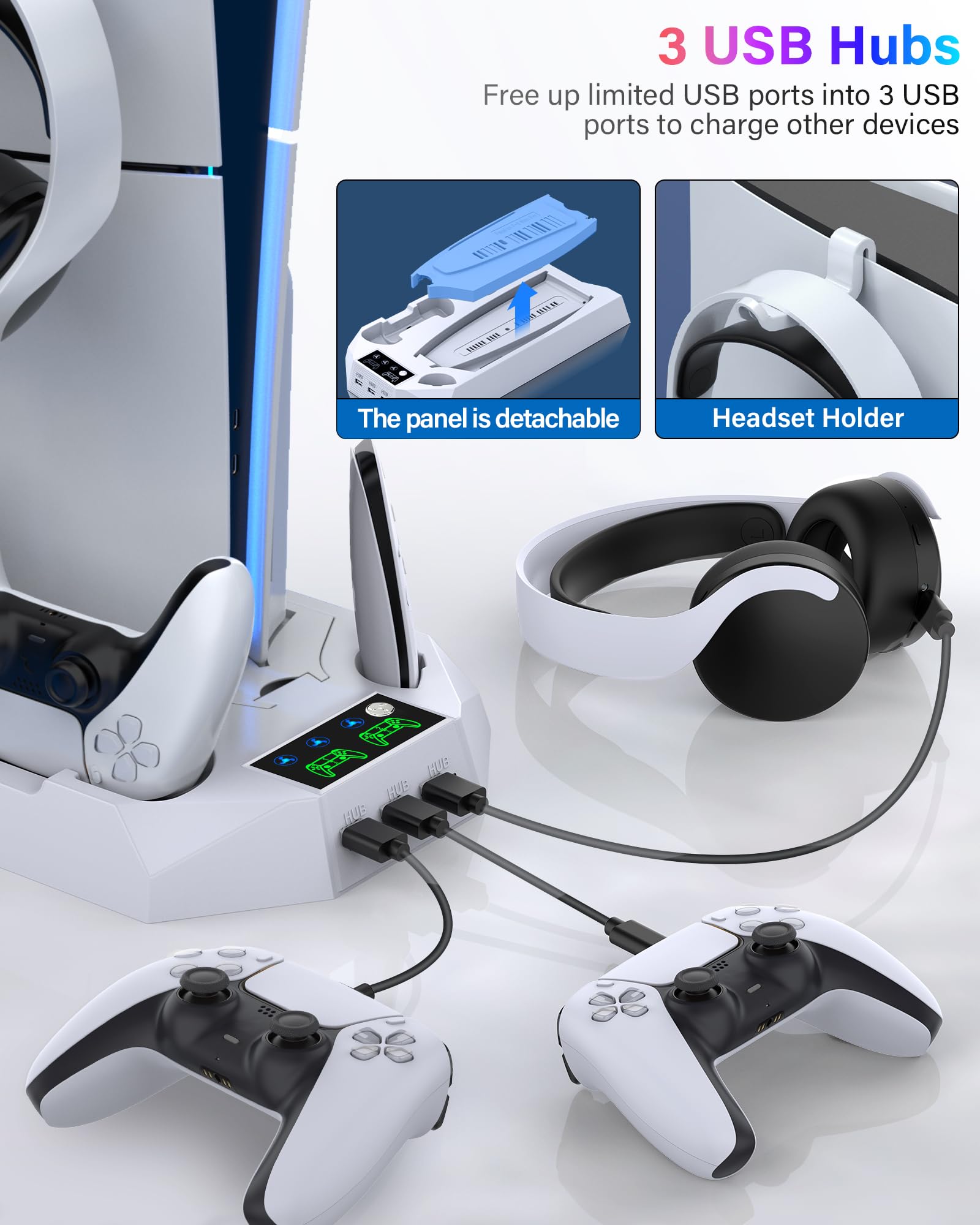 PS5/PS5 Slim/PS5 Pro Stand and Cooling Station with Dual Controller Charging Station for PlayStation 5 Console, PS5 Accessories Incl. Controller Charger, Cooling Fan, Headset Holder, 3 USB Hub, White thumbnail 9