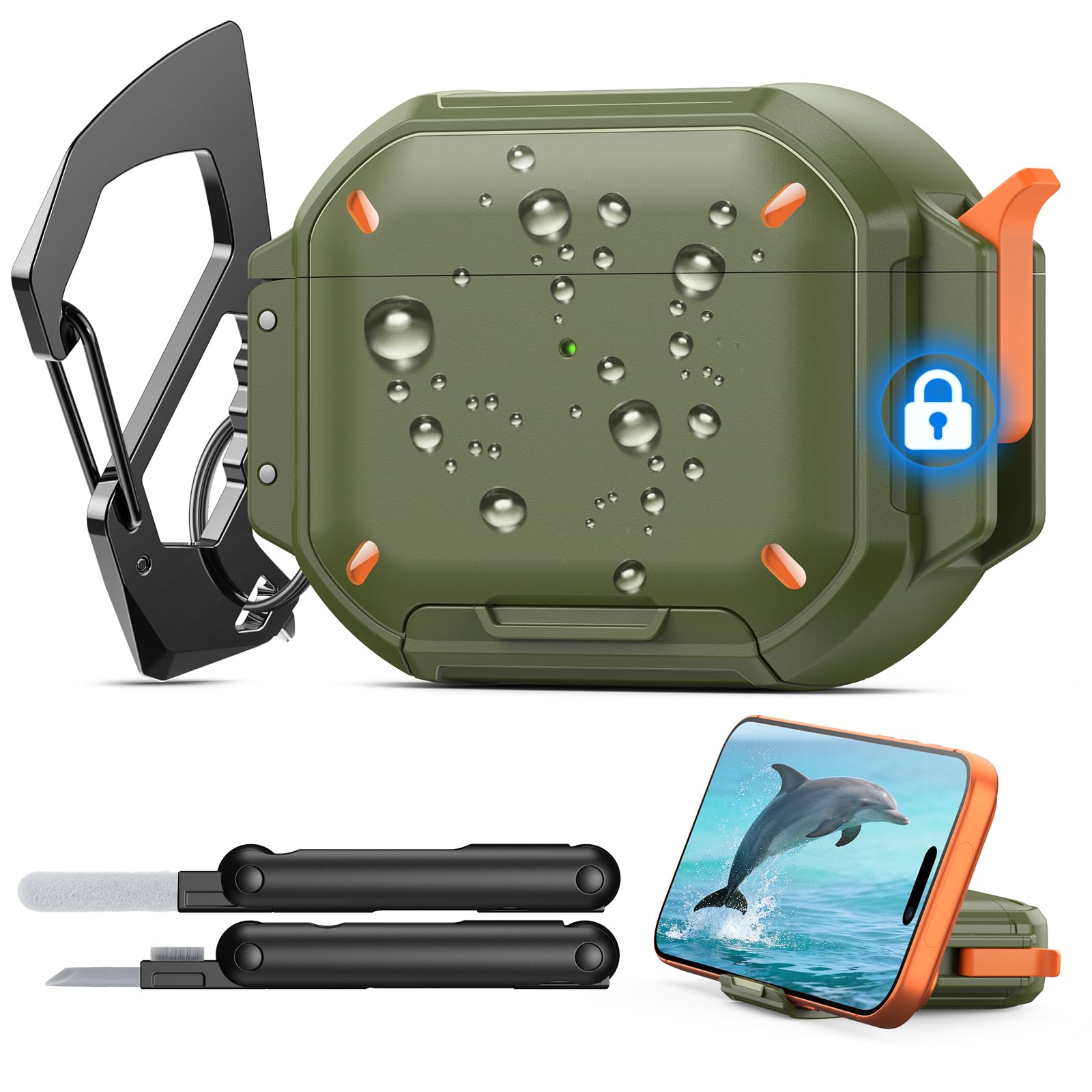 for AirPods Pro 3 Case with Secure Lock - IP68 Waterproof Case for iPods Pro 3, Military-Grade Protective Cover Earpods Pro 3 with Keychain, Phone Stand & Cleaner Kit, Green