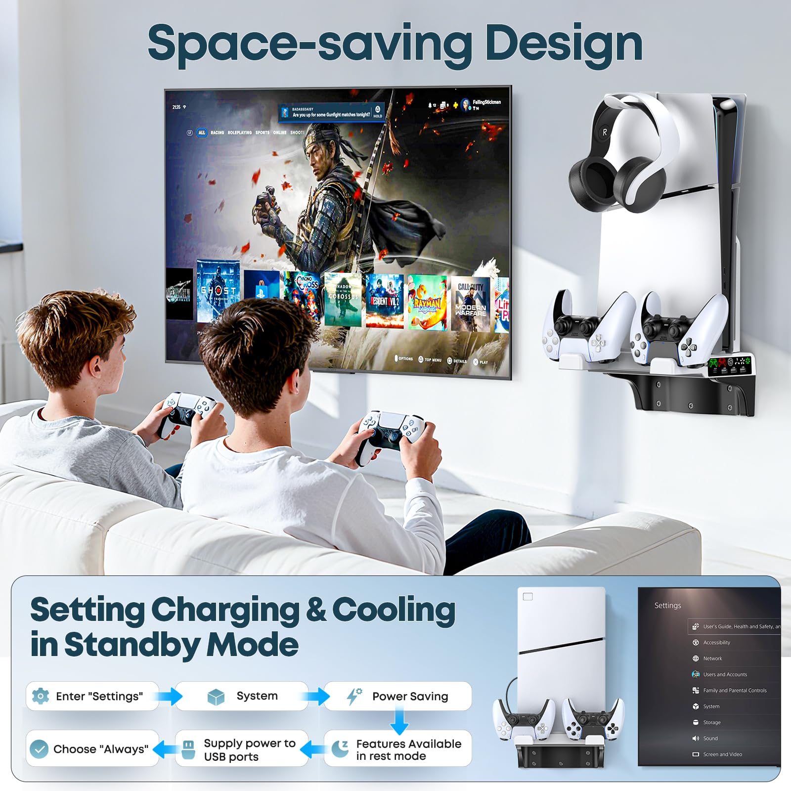 PS5/Slim/Pro Wall Mount Kit with Cooling Fan & Charging Station, PS5 Shelf Floating Mount for All PlayStation 5/Slim/Pro Disc & Digital Console, PS 5 Wall Bracket Behind TV, PS Five Pro Accessories thumbnail 11