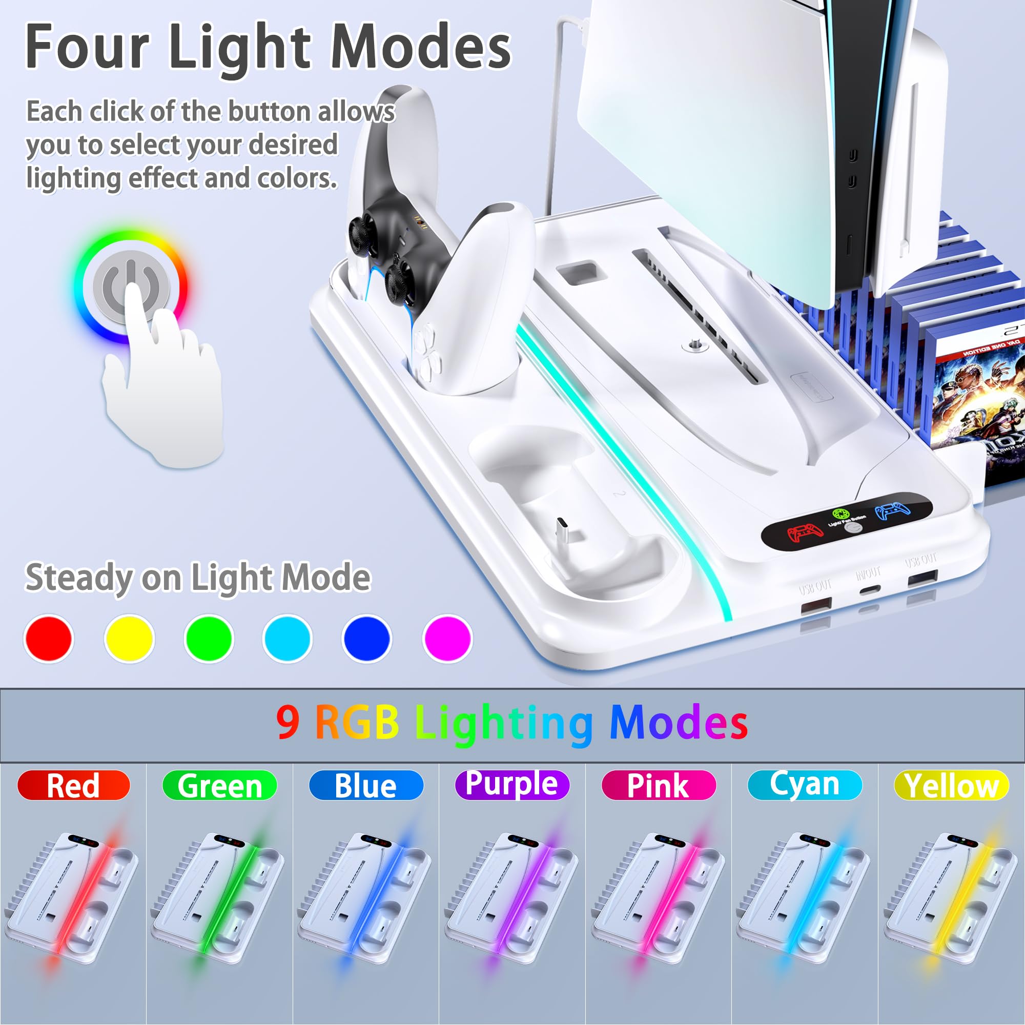 PS5 Cooling Station for PS5/Slim/Pro Disc Digital Console,PS5 Fan Cooling Fan with Dual PS 5 Controller Charger,3 Level Fan, RGB Light,12 Slot, PS5/Slim/Pro Stand for PlayStation 5 Console Accessories thumbnail 7
