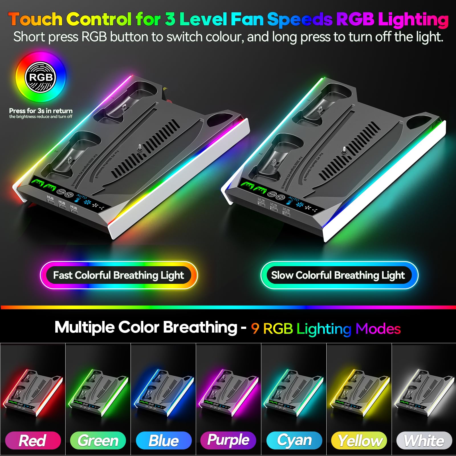 PS5/Slim/Pro Stand for Disc & Digital Console, PS5 Cooling & Charging Station with RGB Lights, PS5 Controller Charger Built-in 3 Level & AUTO Adjustable Fan, Accessories for PlayStation 5 Cases thumbnail 13
