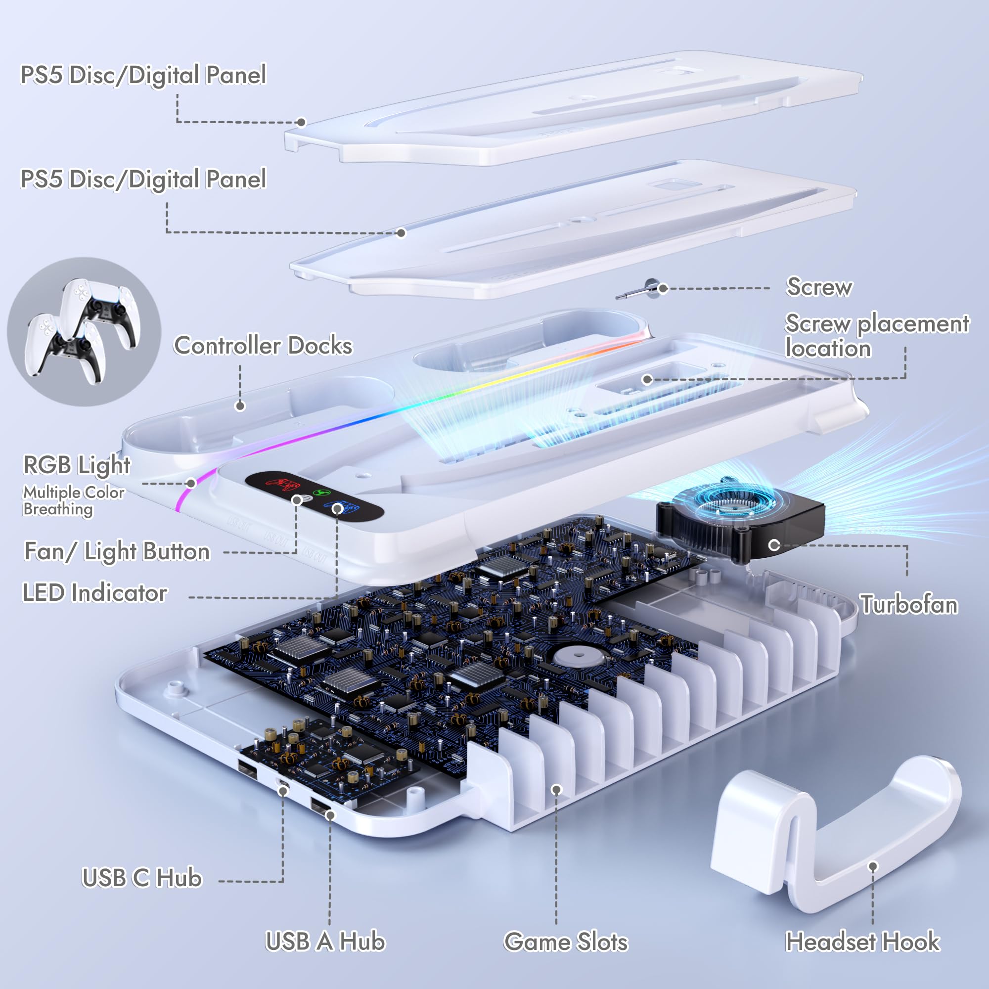 PS5 Cooling Station for PS5/Slim/Pro Disc Digital Console,PS5 Fan Cooling Fan with Dual PS 5 Controller Charger,3 Level Fan, RGB Light,12 Slot, PS5/Slim/Pro Stand for PlayStation 5 Console Accessories thumbnail 9