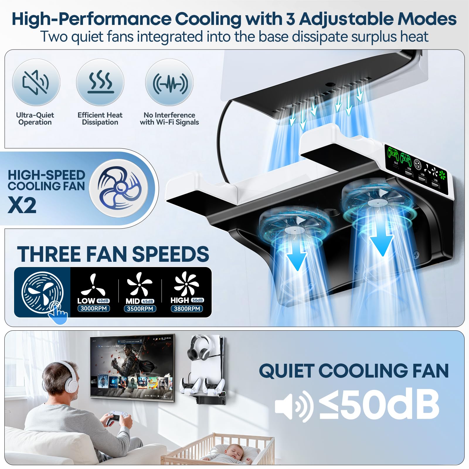 PS5/Slim/Pro Wall Mount Kit with Cooling Fan & Charging Station, PS5 Shelf Floating Mount for All PlayStation 5/Slim/Pro Disc & Digital Console, PS 5 Wall Bracket Behind TV, PS Five Pro Accessories thumbnail 5