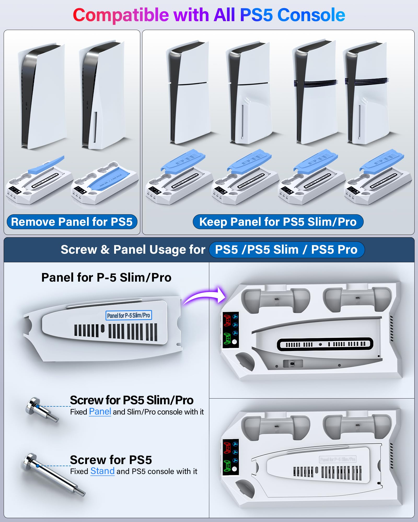 PS5/PS5 Slim/PS5 Pro Stand and Cooling Station with Dual Controller Charging Station for PlayStation 5 Console, PS5 Accessories Incl. Controller Charger, Cooling Fan, Headset Holder, 3 USB Hub, White thumbnail 3