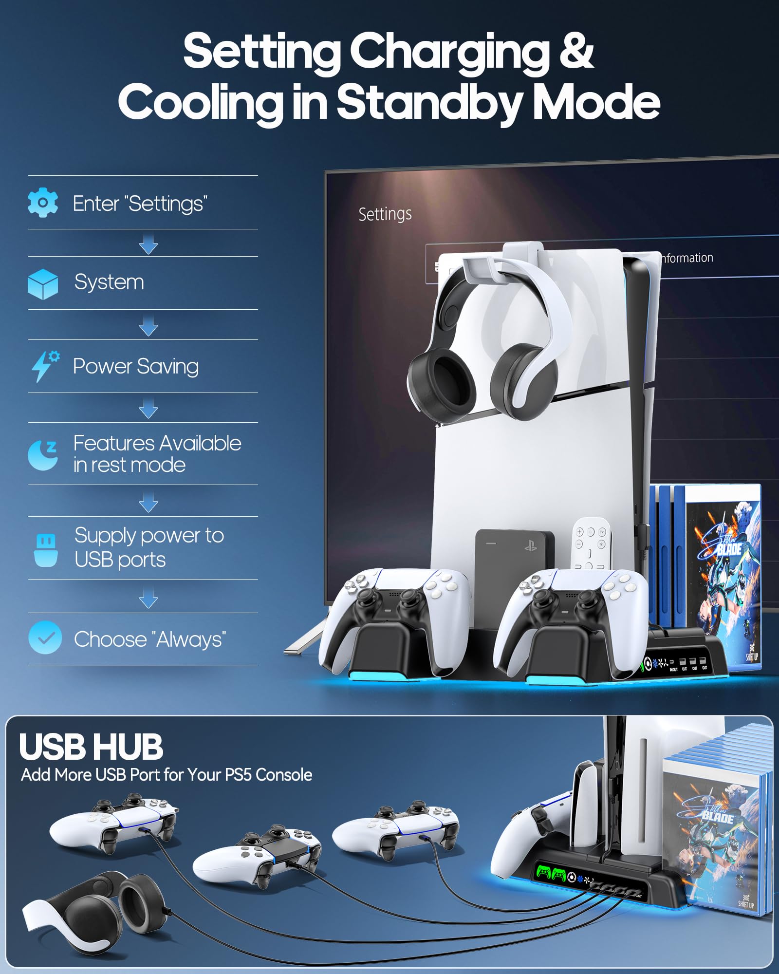 PS5/ Slim/Pro Stand for Disc & Digital Console, PS 5 Cooling Station with Dual Controller Charging Station for PlayStation 5 Console, 3-Level Fan PS5 Controller Charger Accessories Stand-Black thumbnail 11