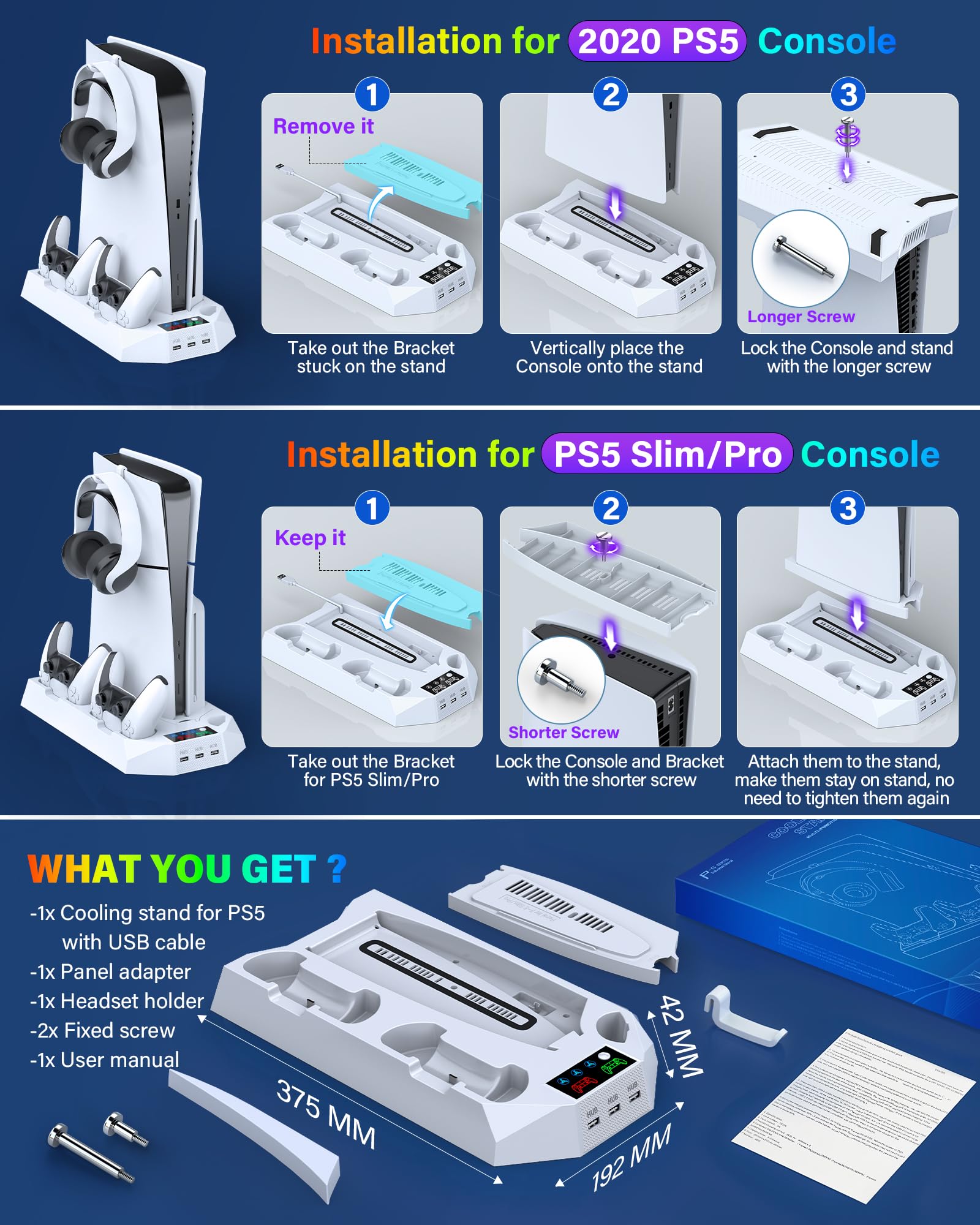 PS5/PS5 Slim/PS5 Pro Stand and Cooling Station with Dual Controller Charging Station for PlayStation 5 Console, PS5 Accessories Incl. Controller Charger, Cooling Fan, Headset Holder, 3 USB Hub, White thumbnail 11