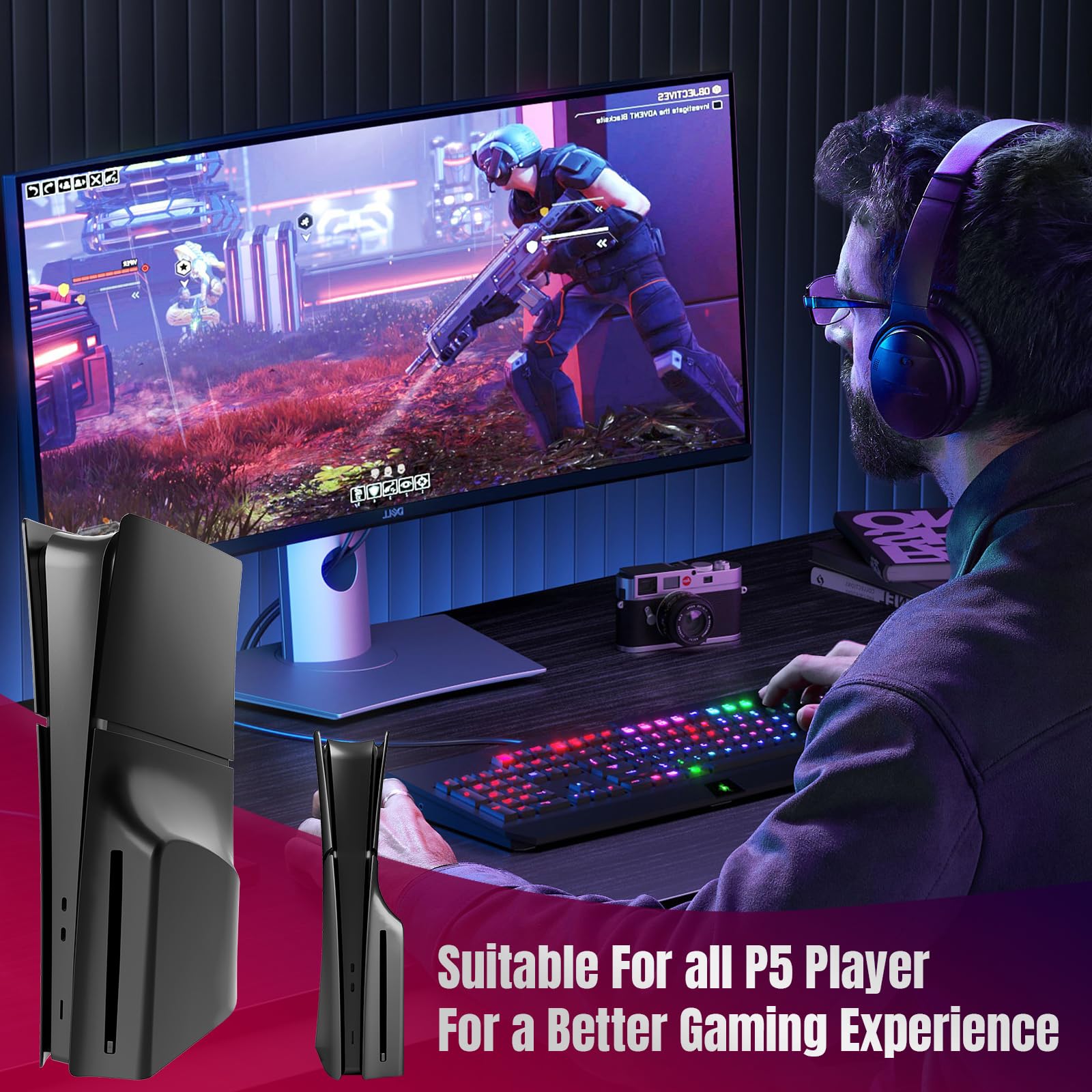 FacePlates for PS5 Slim Disc Edition Cover Plate for PS5 Slim Premium ABS Replacement Plates Anti-Scratch Dustproof Protective Shell Case for PlayStation 5 Slim Accessories Black thumbnail 7
