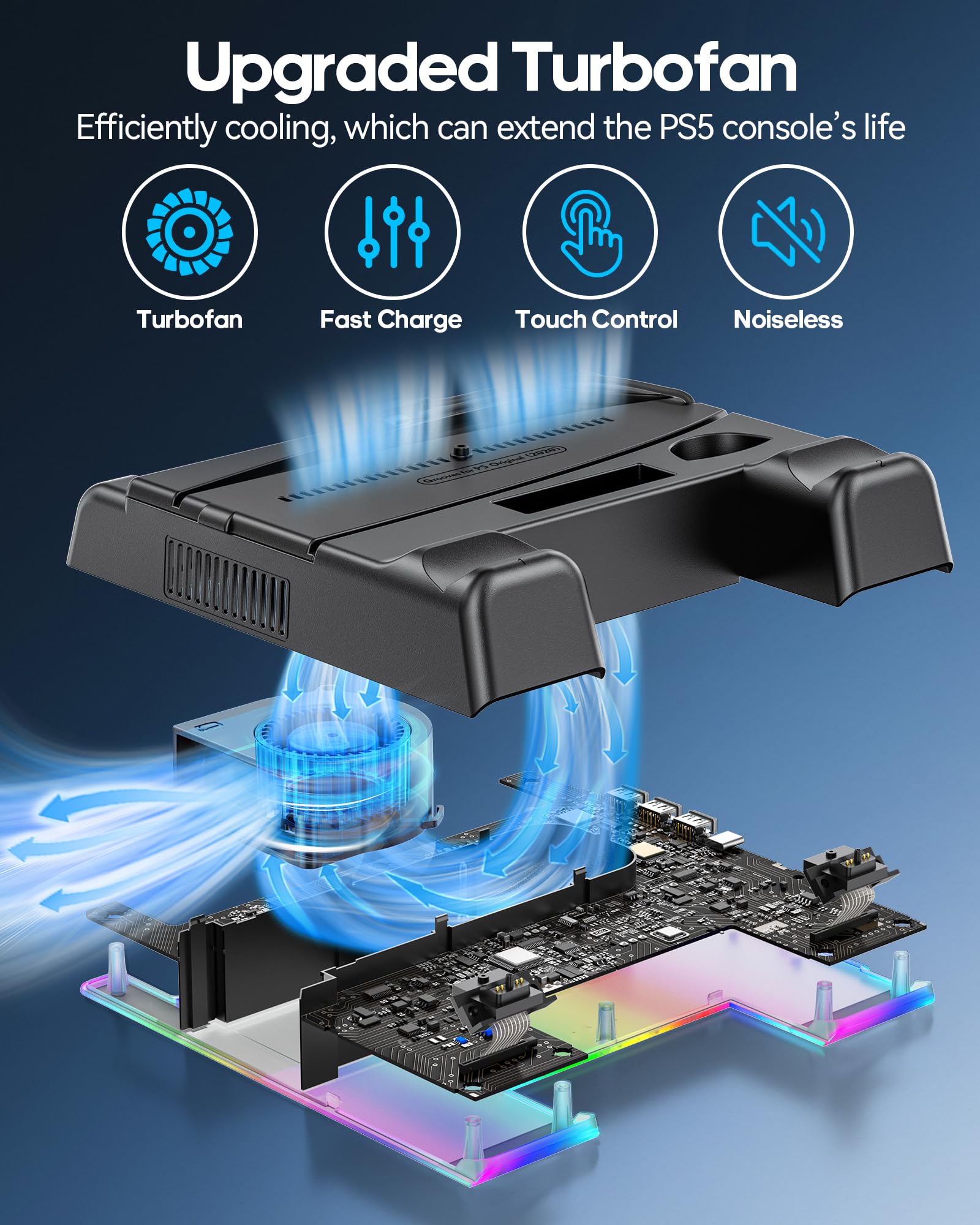 PS5/ Slim/Pro Stand for Disc & Digital Console, PS 5 Cooling Station with Dual Controller Charging Station for PlayStation 5 Console, 3-Level Fan PS5 Controller Charger Accessories Stand-Black thumbnail 7