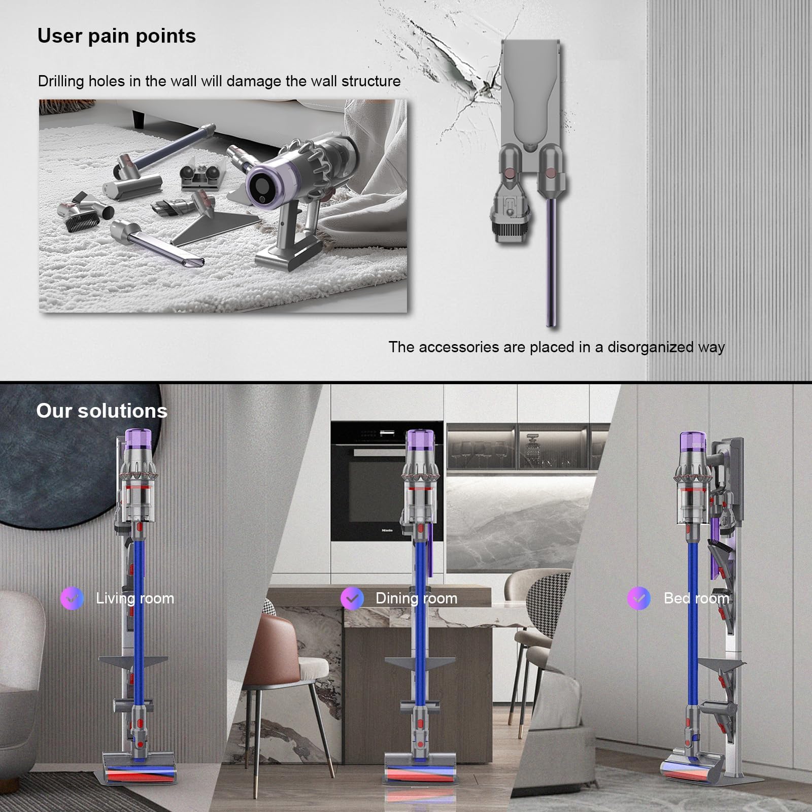 Vacuum Stand for Dyson with Foldable Storage Hooks and Heavy-Duty Carbon Steel Base, No Drill Installation, Space-Saving Organizer for All Dyson Cordless Vacuums & Accessories thumbnail 9