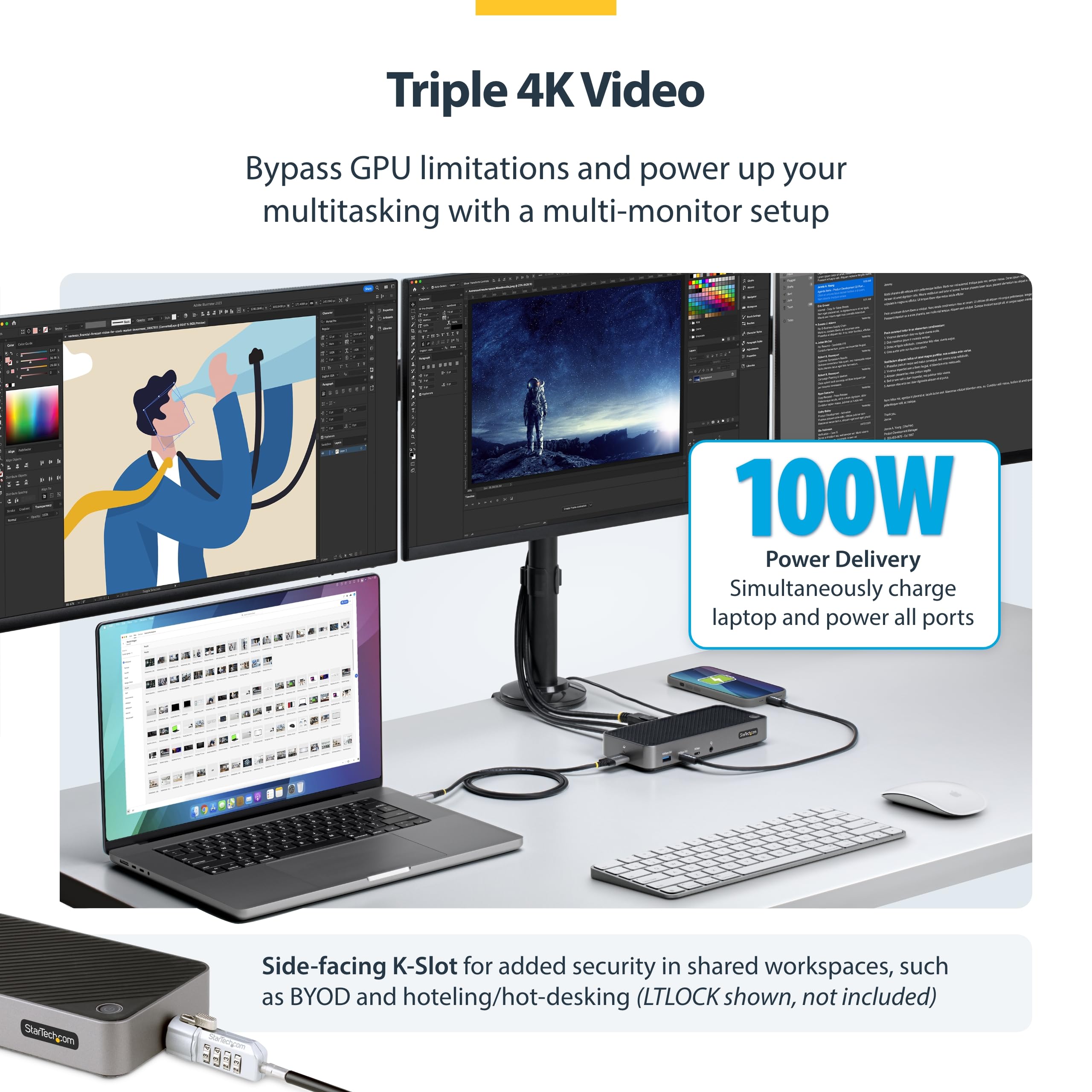USB-C Triple Monitor Docking Station for MacBook Pro / Air M1 M2 M3 M4 & Windows, Universal 4K HDMI DP Dock, Thunderbolt Compatible, 100W Laptop Charging (116N-USBC-DOCK) thumbnail 5